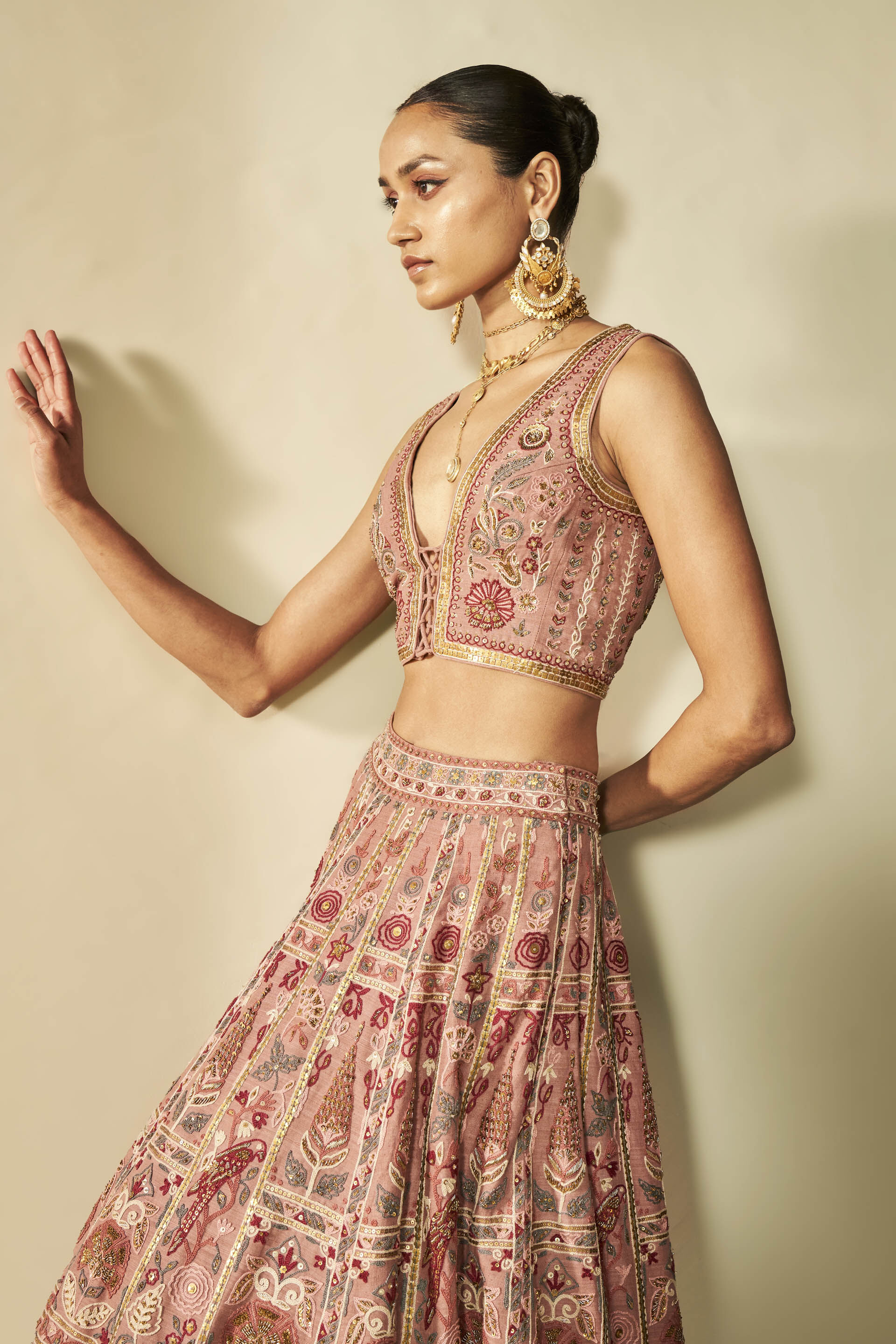 Kaadhal SEWA Hand embroidered Silk Skirt Set Old Rose