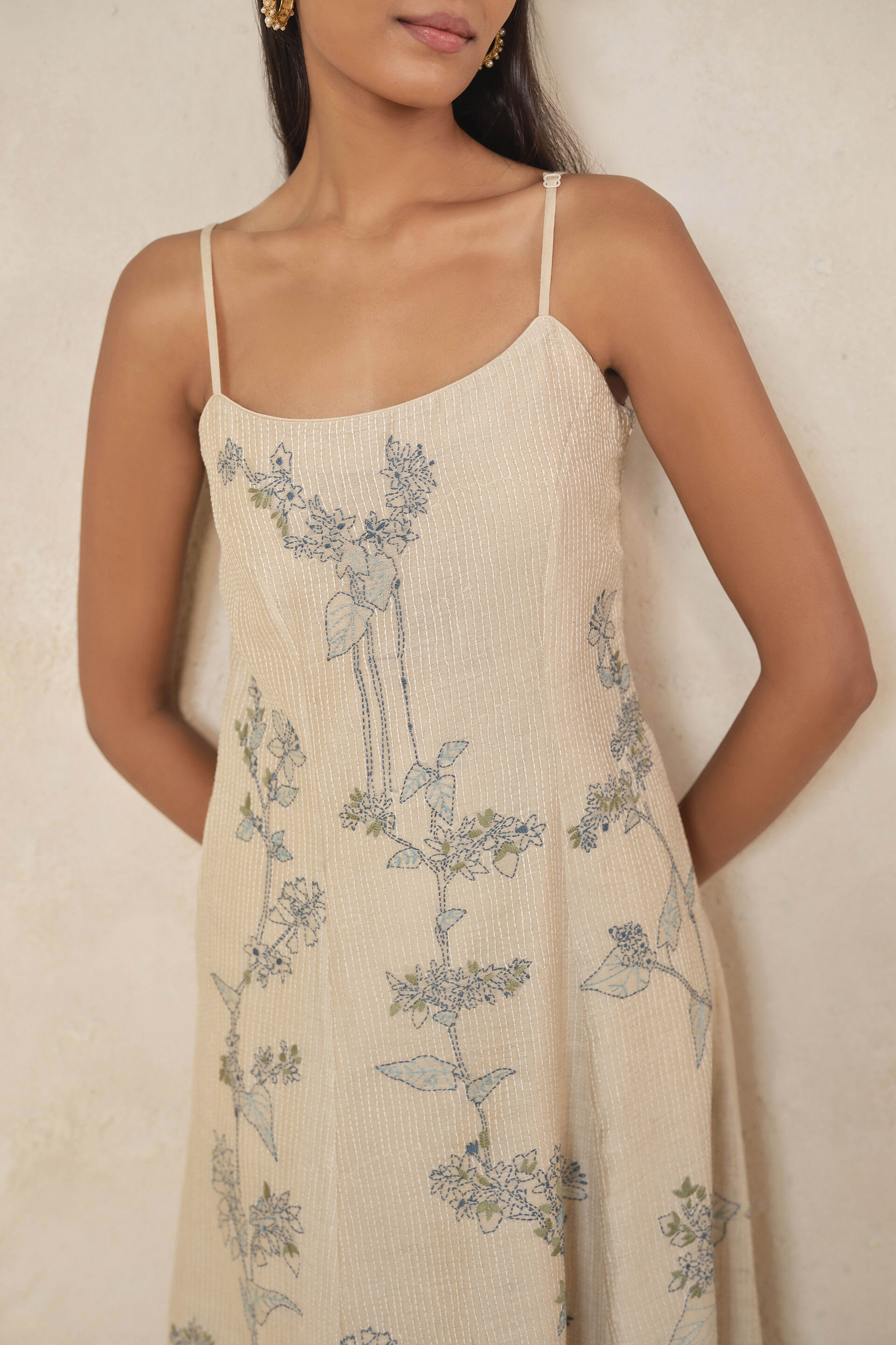 Haiku Hand-embroidered Kantha Silk Dress - Beige, Beige, image 5