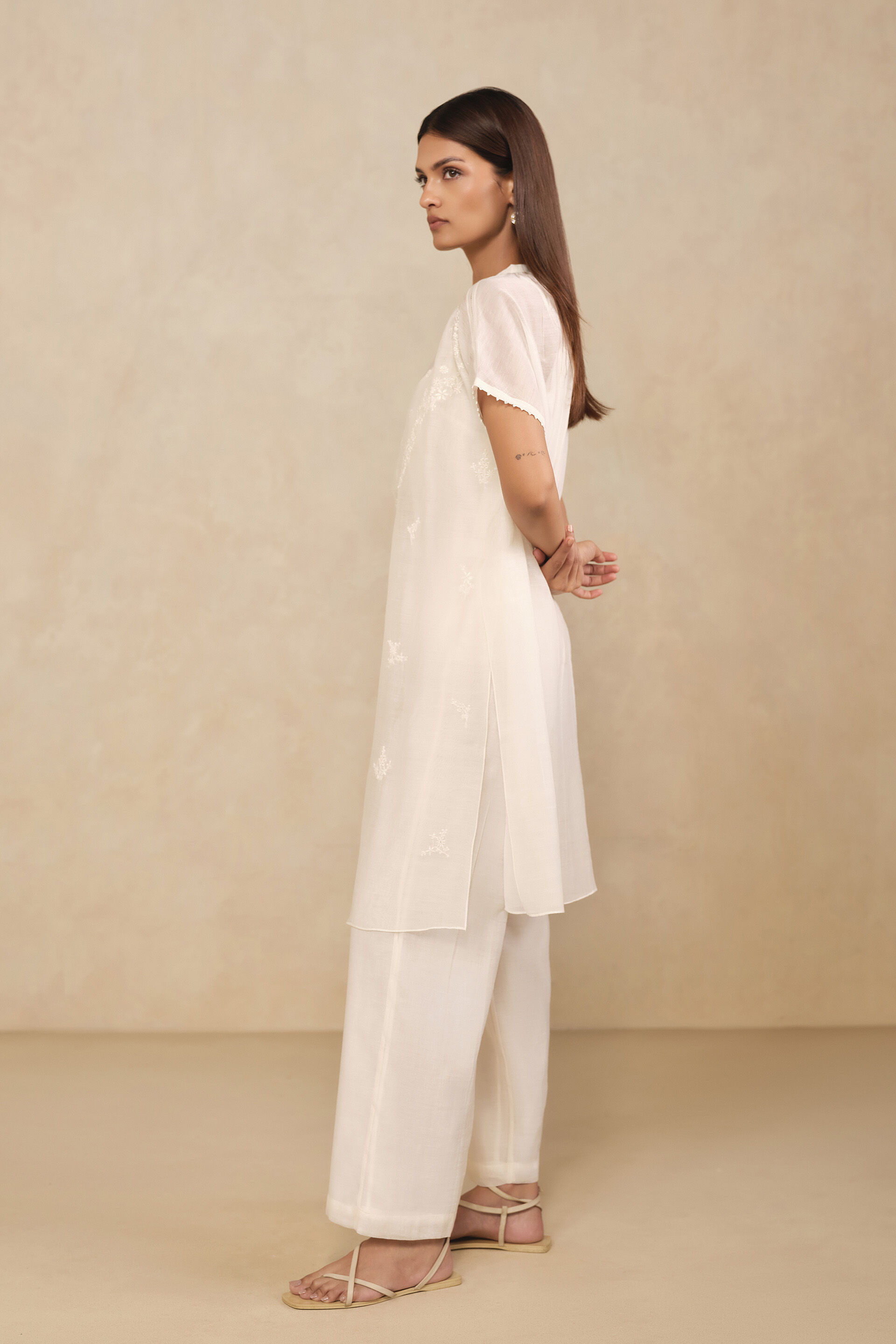 Haiku Hand-embroidered Chikankari Mul Kurta Set - Ivory, Ivory, image 3