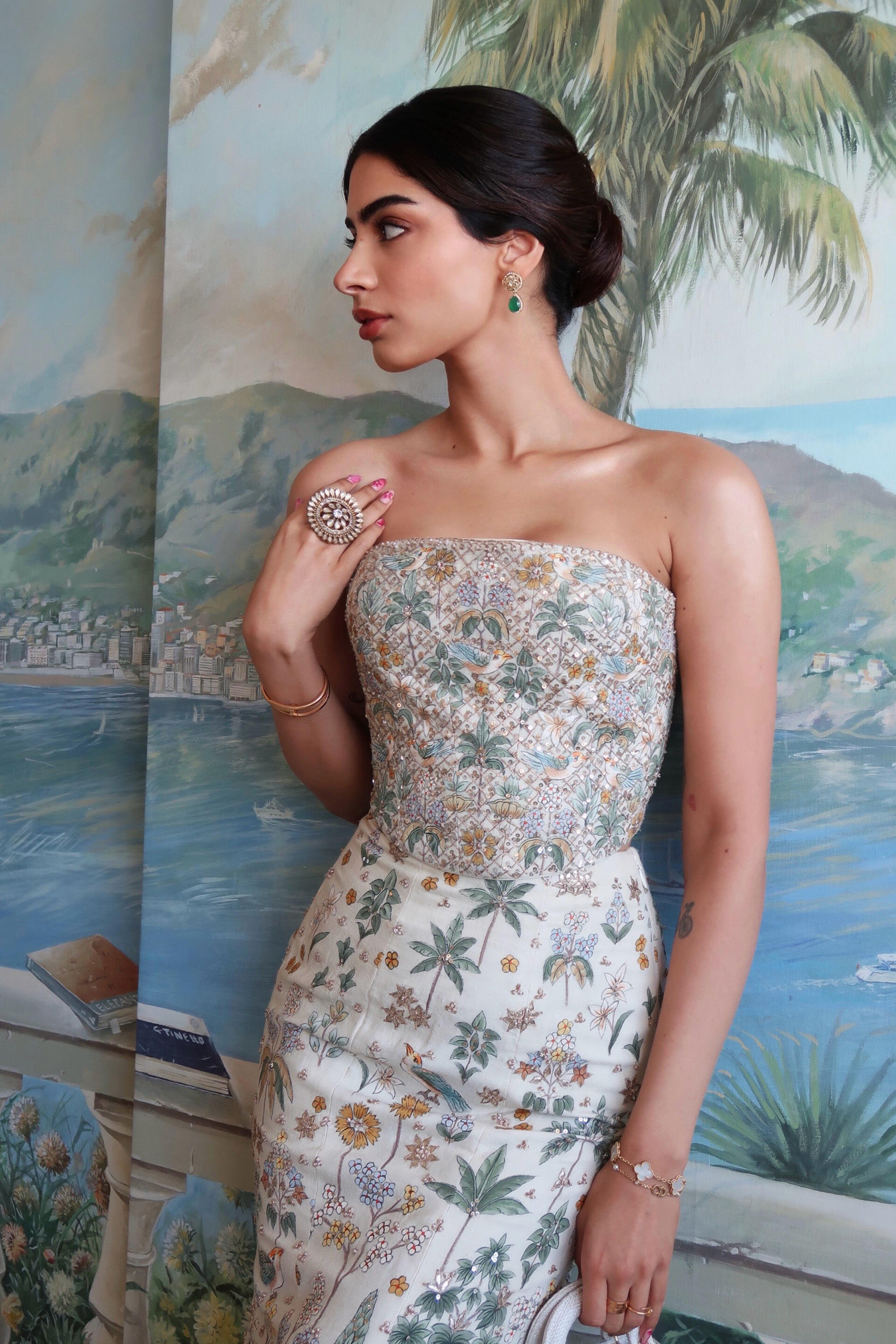 Urvara Hand-painted Pichhwai Silk Skirt Set - Ivory, , image 2