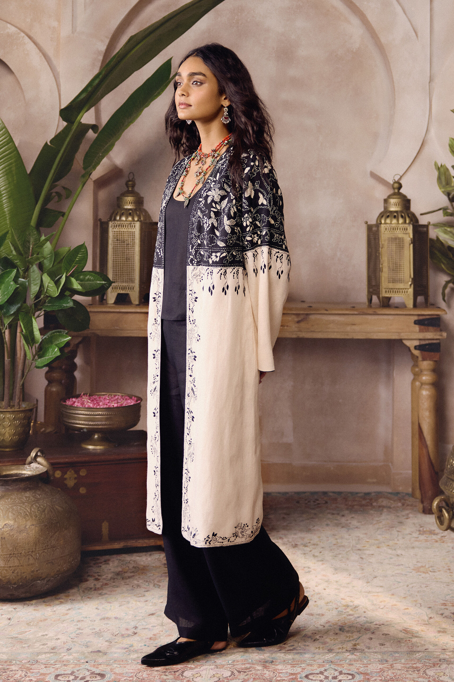 Idoya Hand-embroidered Kantha Hemp Jacket Set - Black, Black, image 3