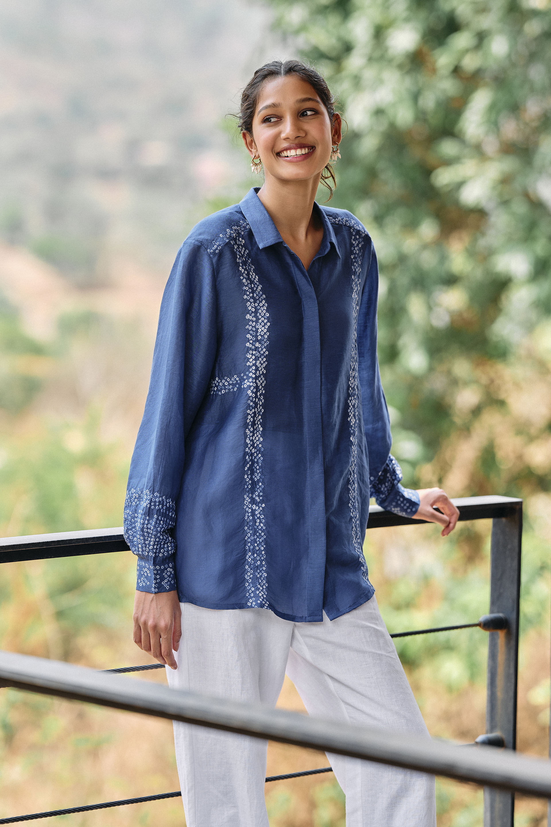 Dreamer Handcrafted Bandhani Linen Shirt -&nbsp;Indigo, Indigo, image 3