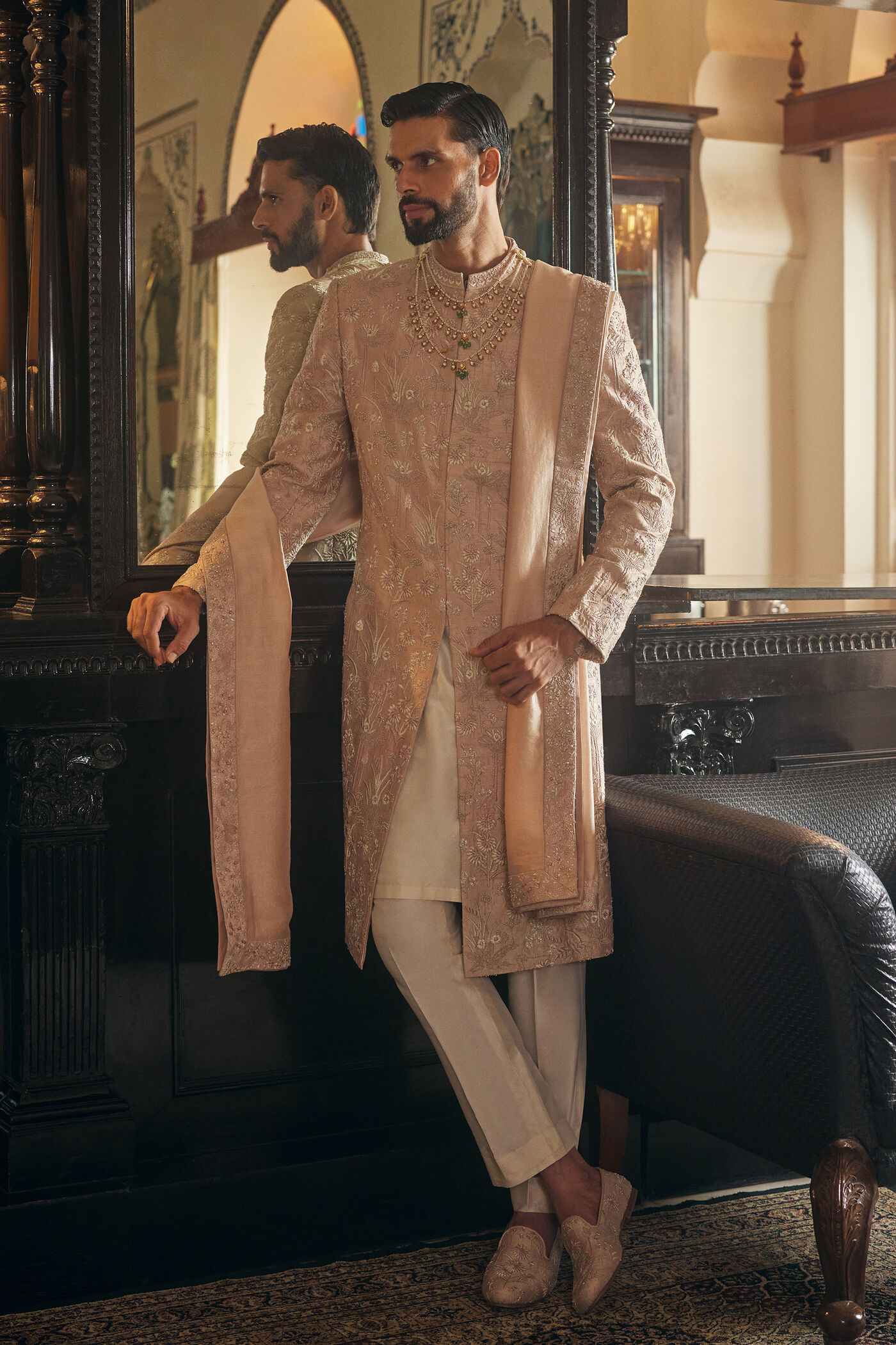 Manahil Embroidered Silk Sherwani - Champagne