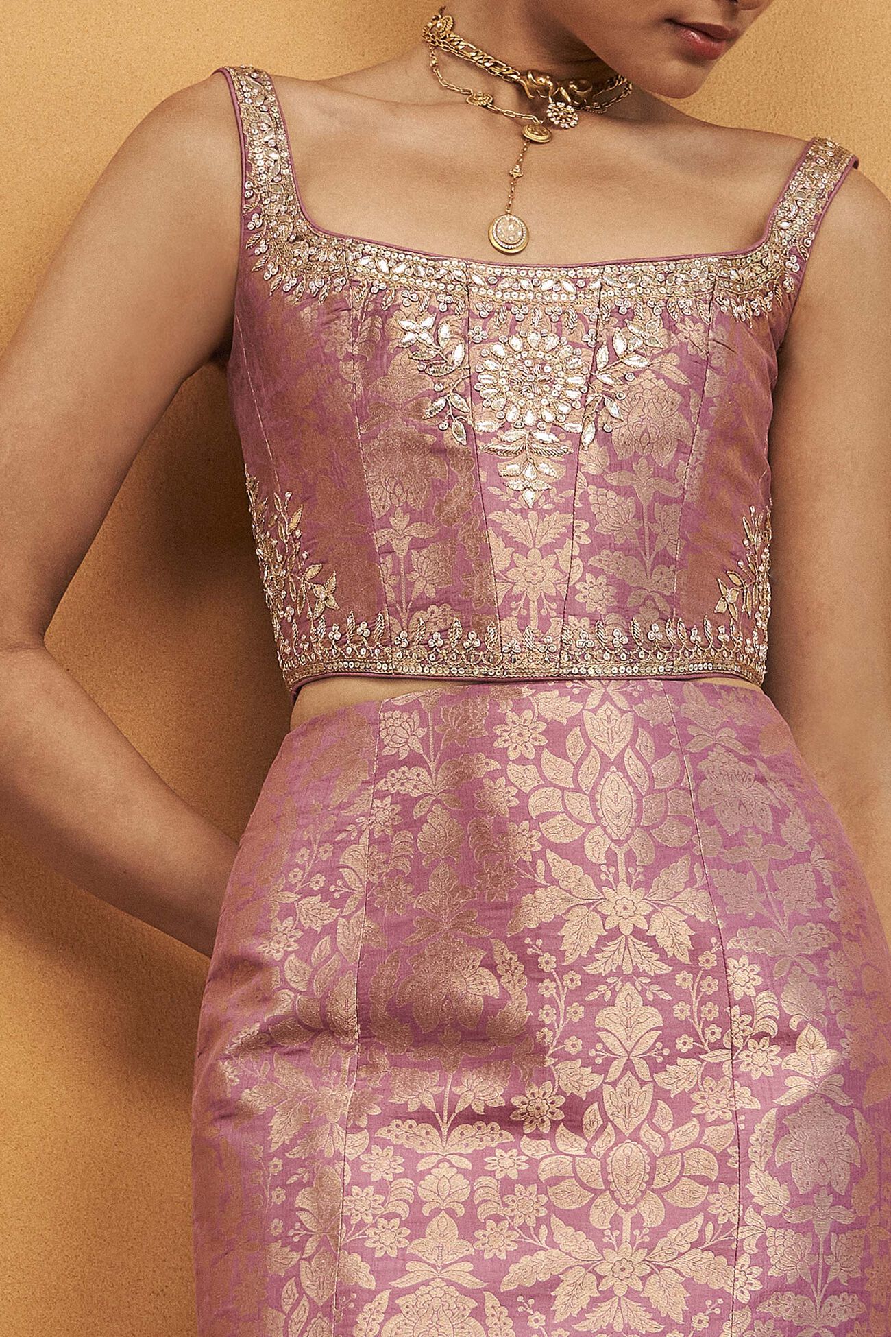 Floral Melody Benarasi Silk Gota Patti Skirt Set - Pink, Pink, image 3