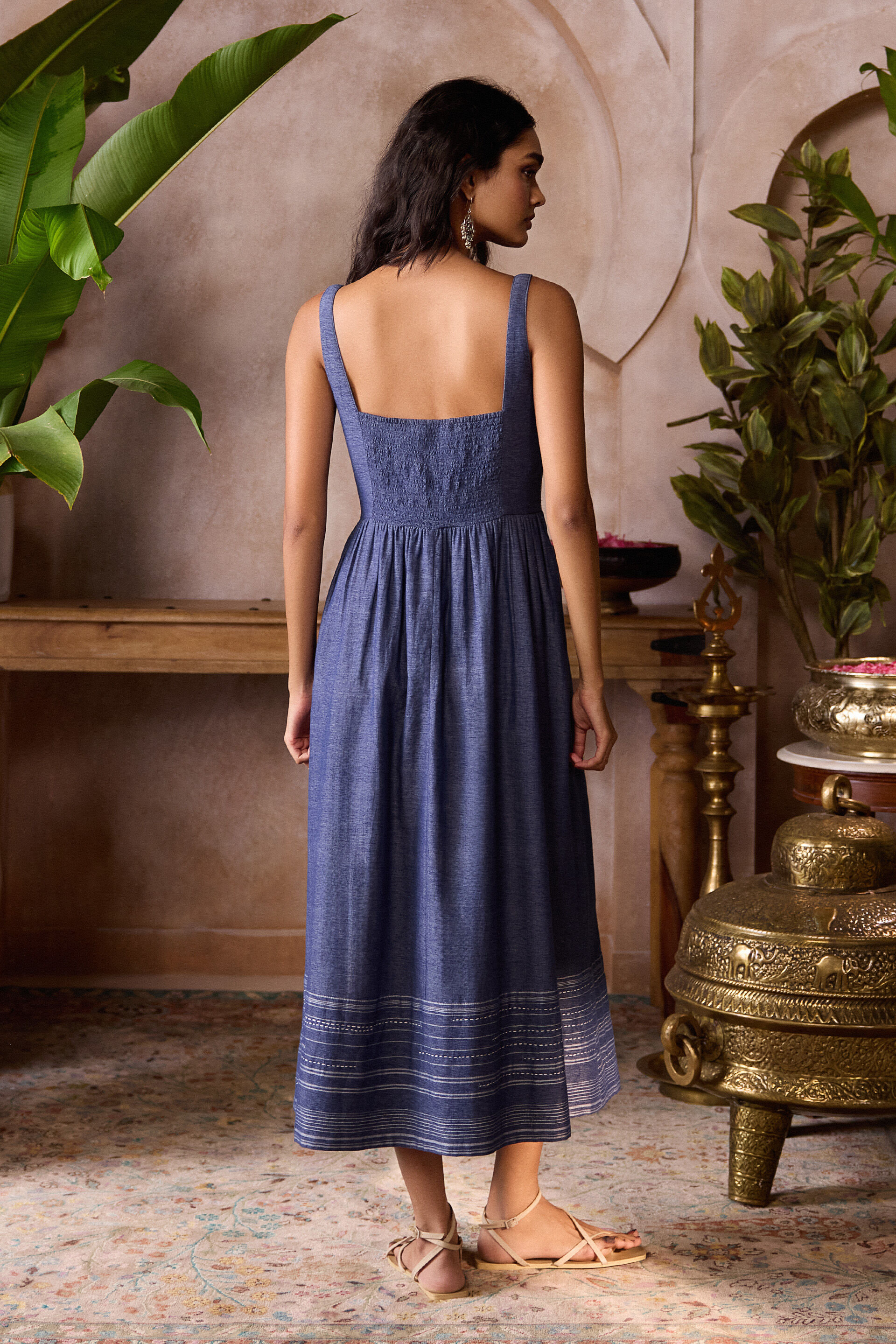 Mysaria Hand-embroidered Kantha Dress - Blue