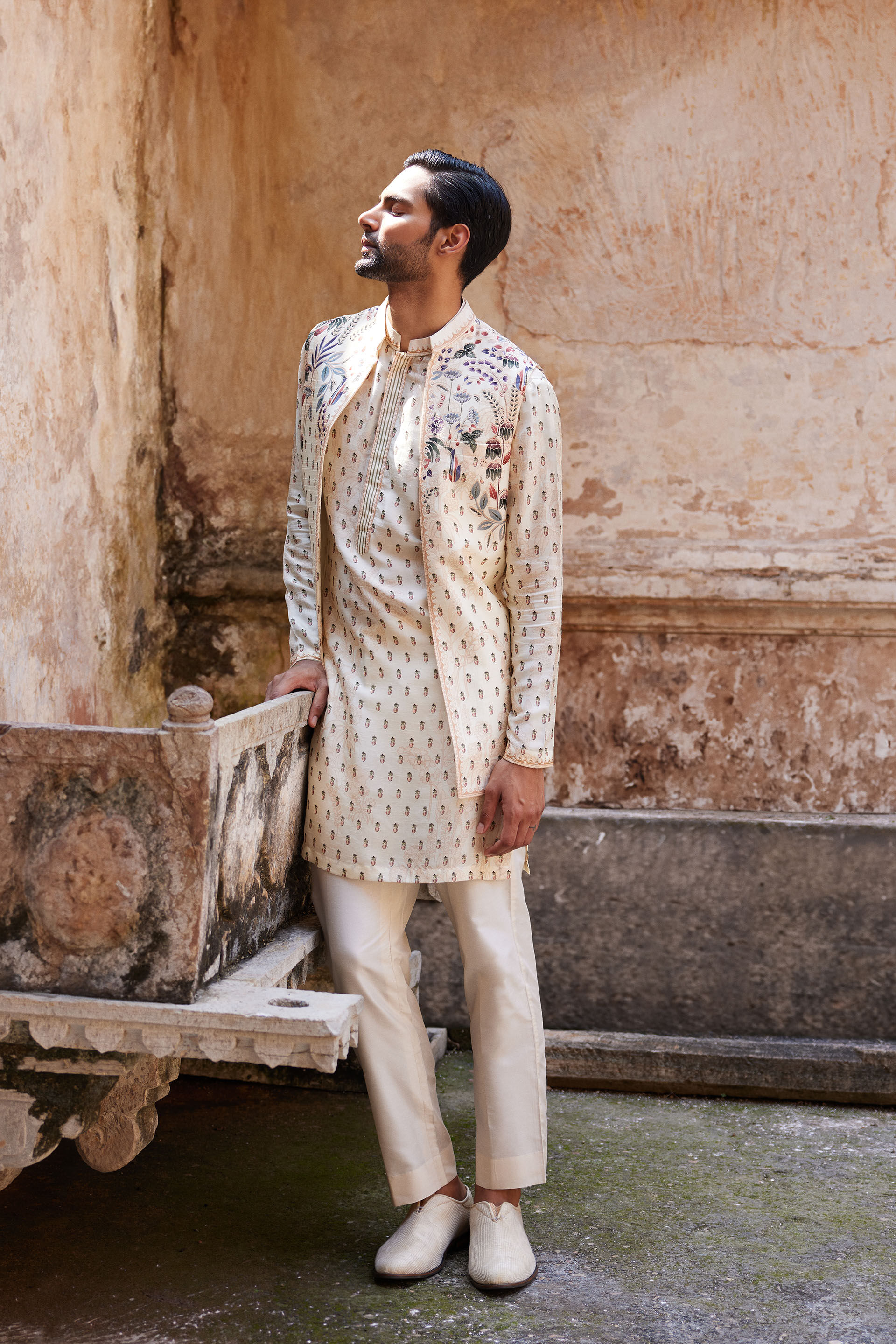Kalhar Printed Silk Nehru Jacket - Ivory