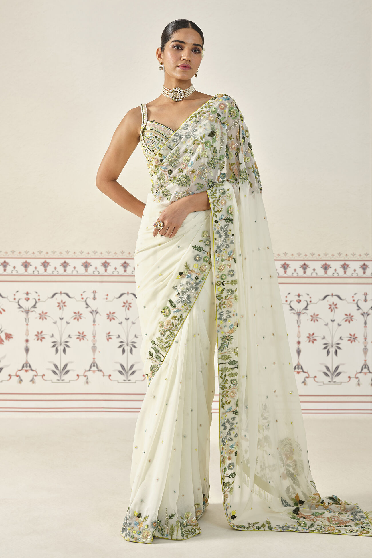 Rema Embroidered Bemberg Saree Set - Cream, Cream, image 1