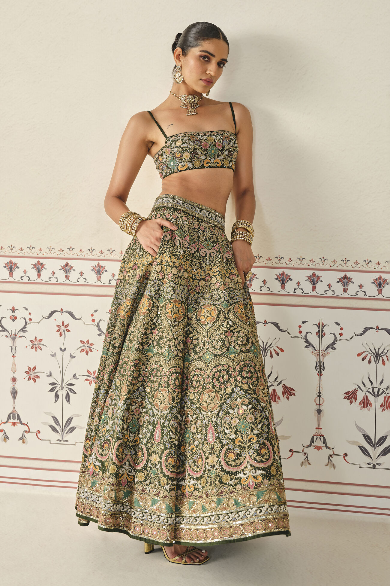 Yiska Embroidered Silk Lehenga Set - Green, Green, image 4