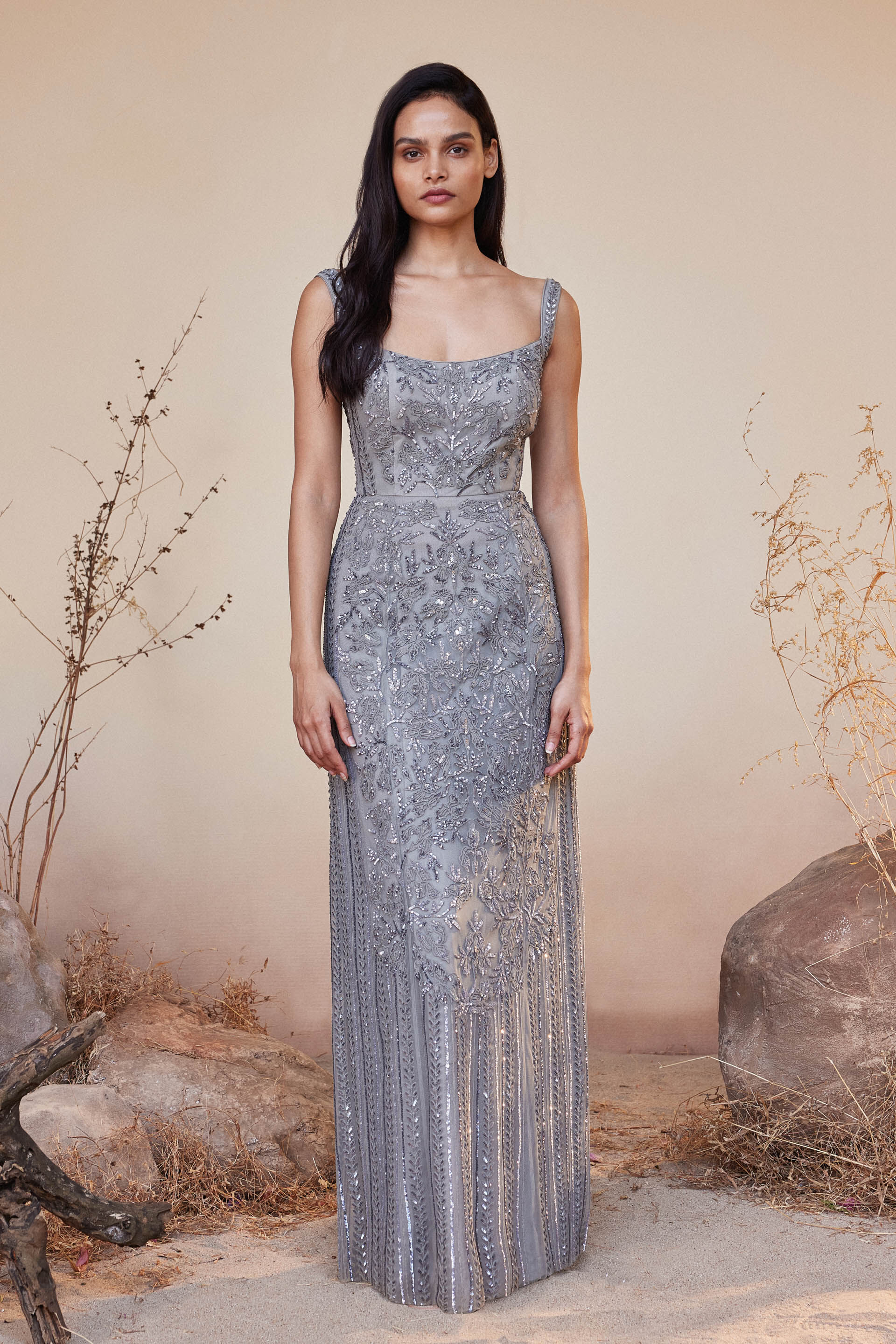 Stardust Embroidered Cord Gown - Grey