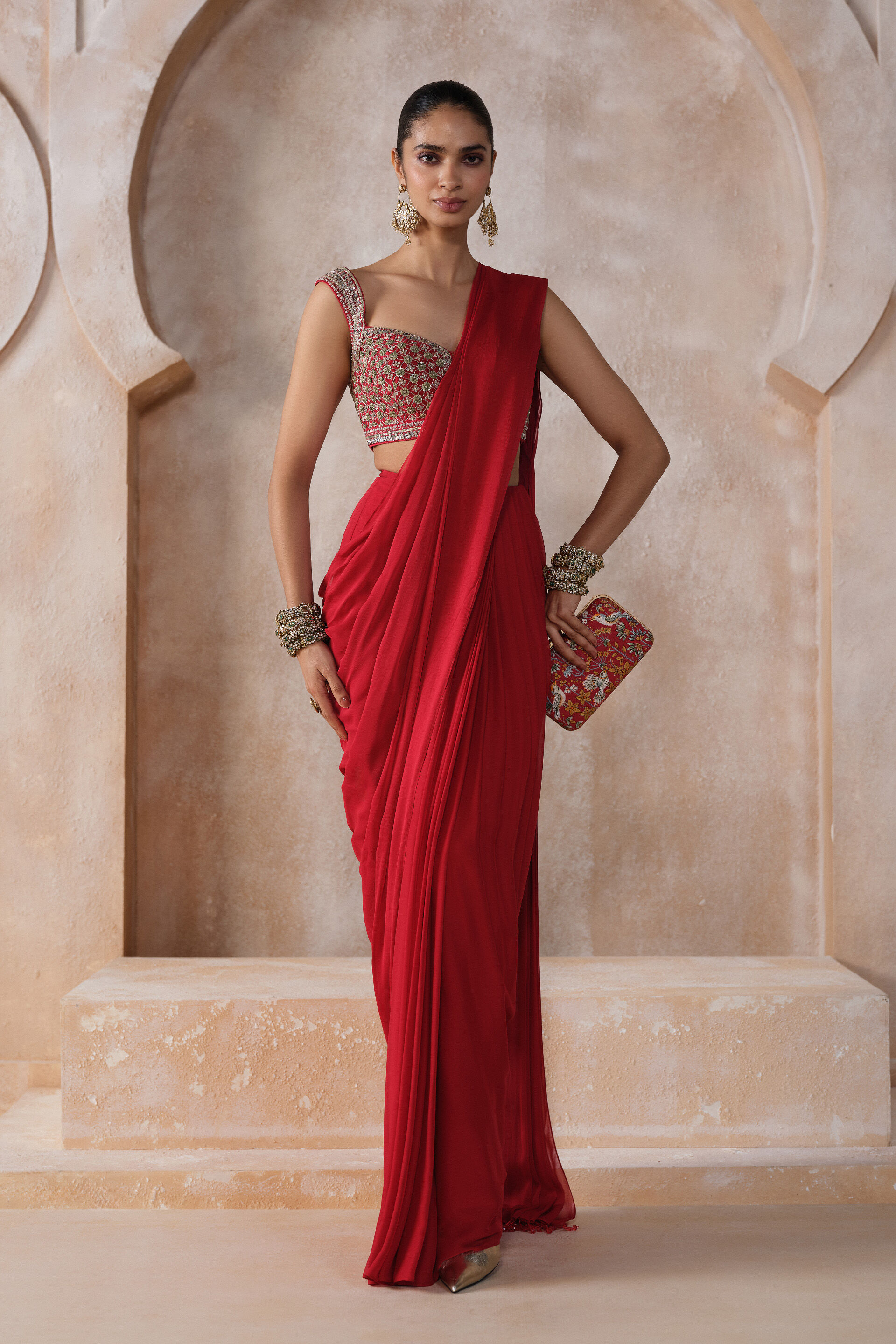 Yuthika Embroidered Cord Pre-draped Saree - Red