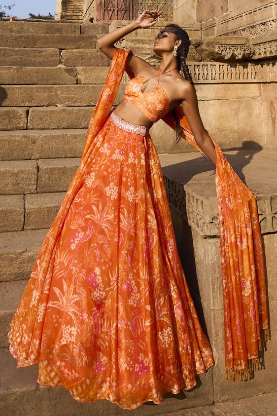 Magic Magpies Lehenga Set - Orange, Orange, image 2