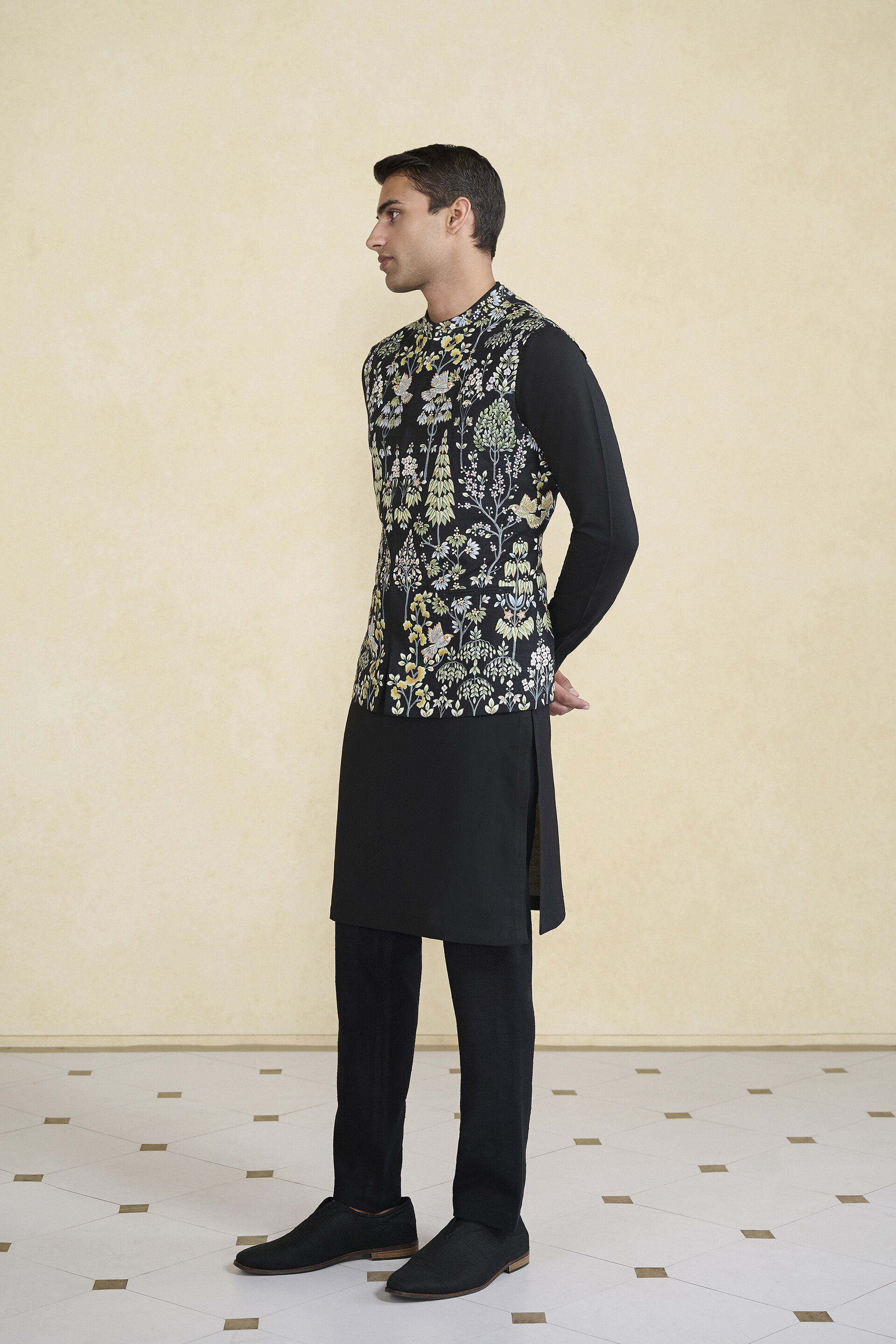 Nalesh Hand-painted Pichhwai Silk Nehru Jacket - Black, Black, image 3