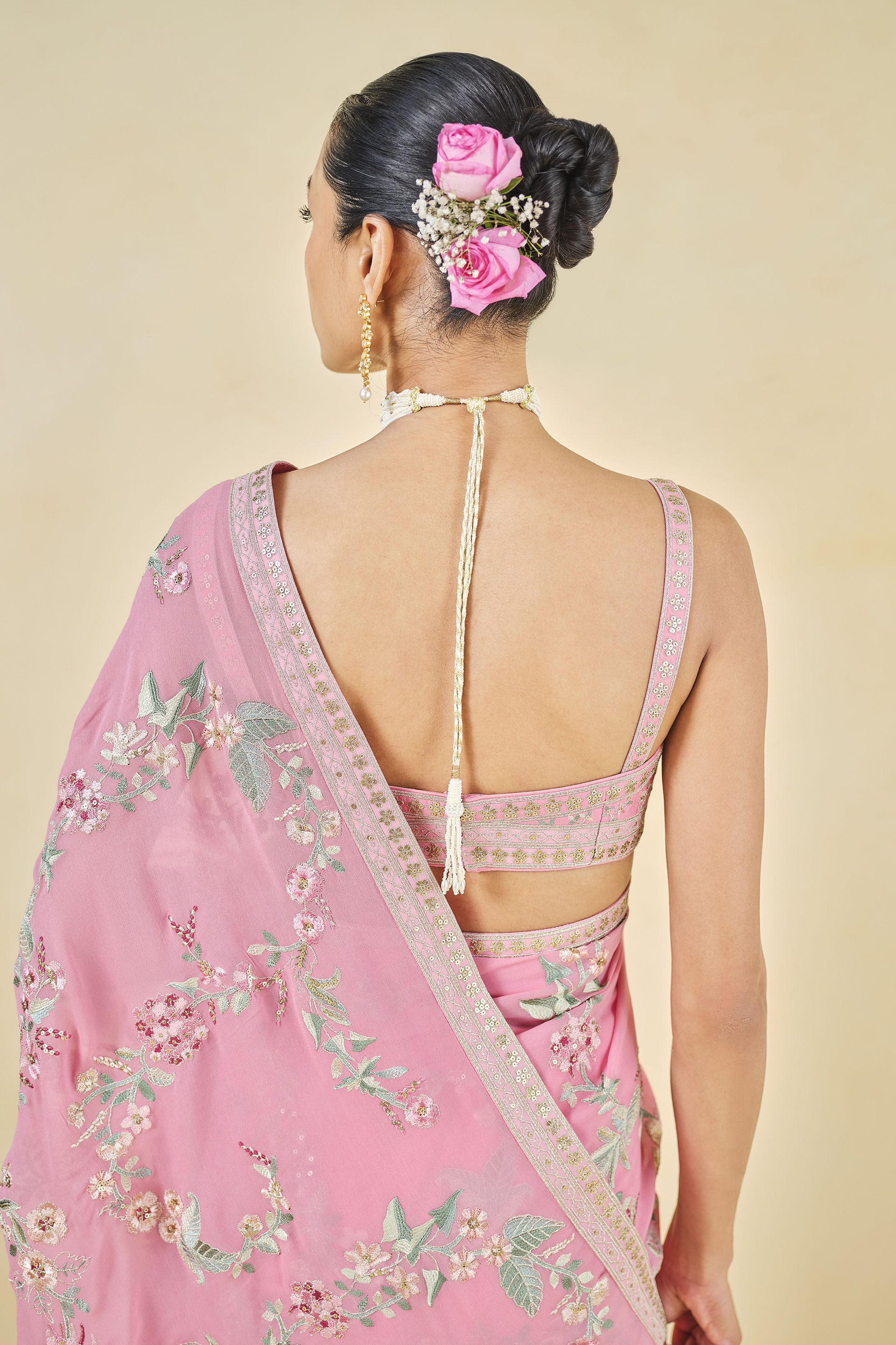 Dianthus Embroidered Georgette Saree, Pink, image 5