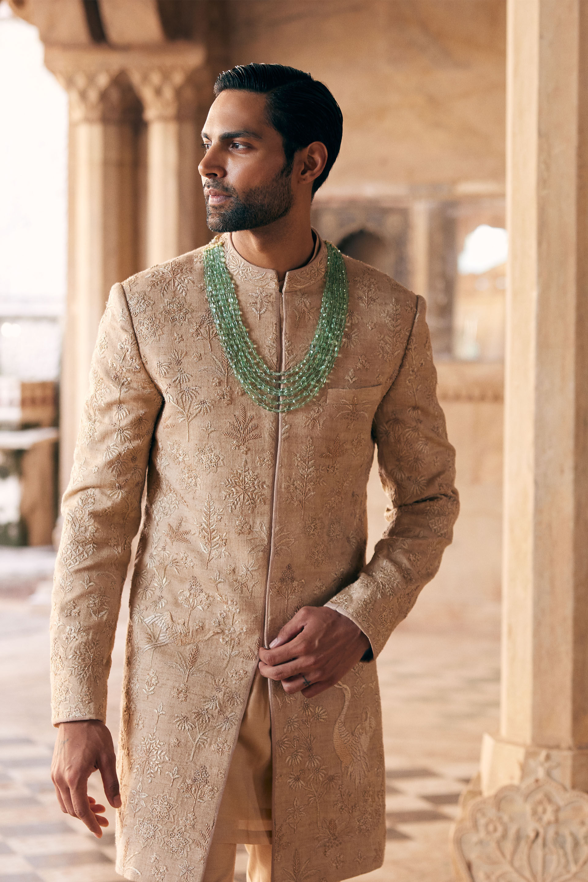 Zimraan Hand-embroidered Silk Sherwani - Beige, Beige, image 6