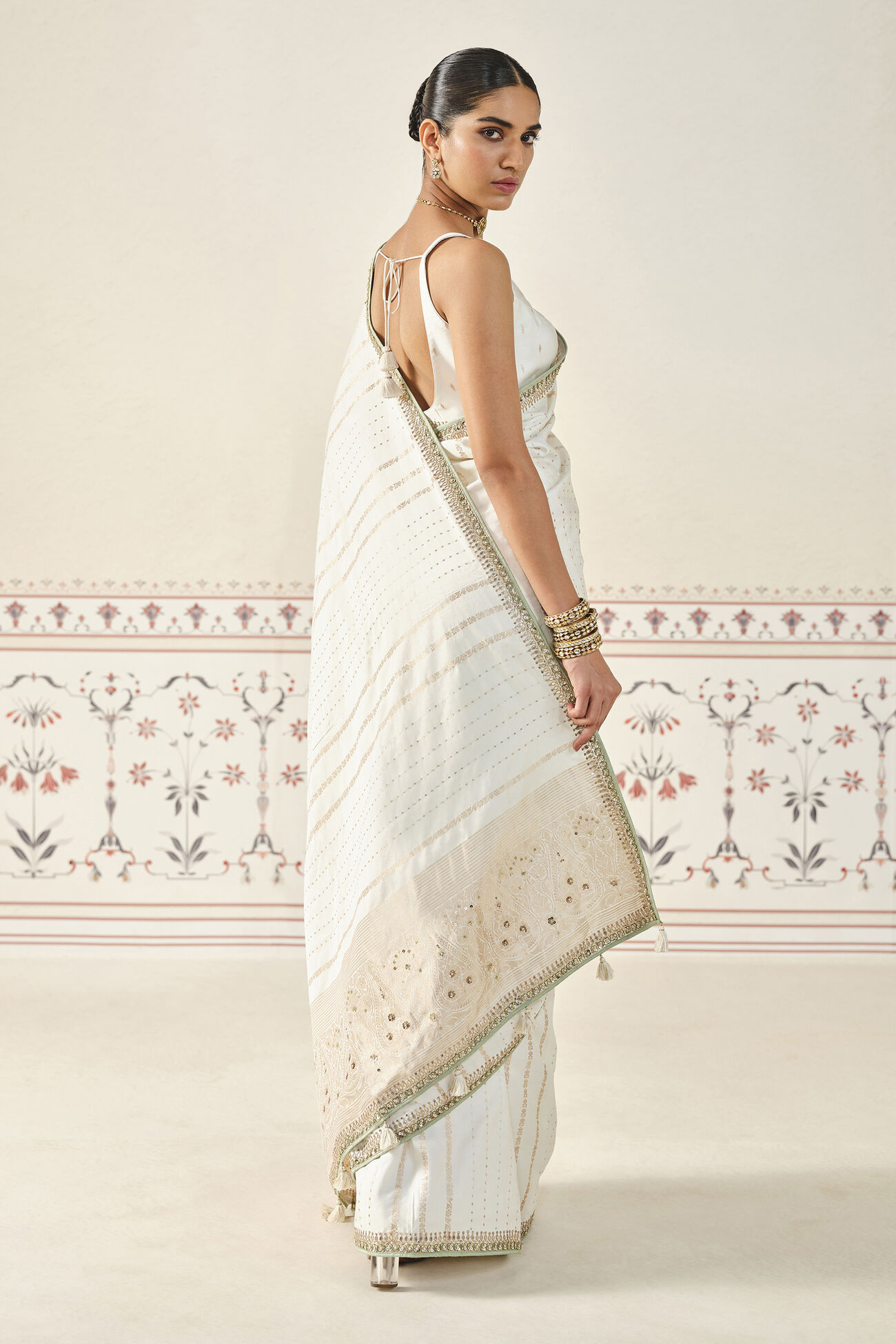 Siamak Handwoven Benarasi Silk Saree - Ivory, Ivory, image 2