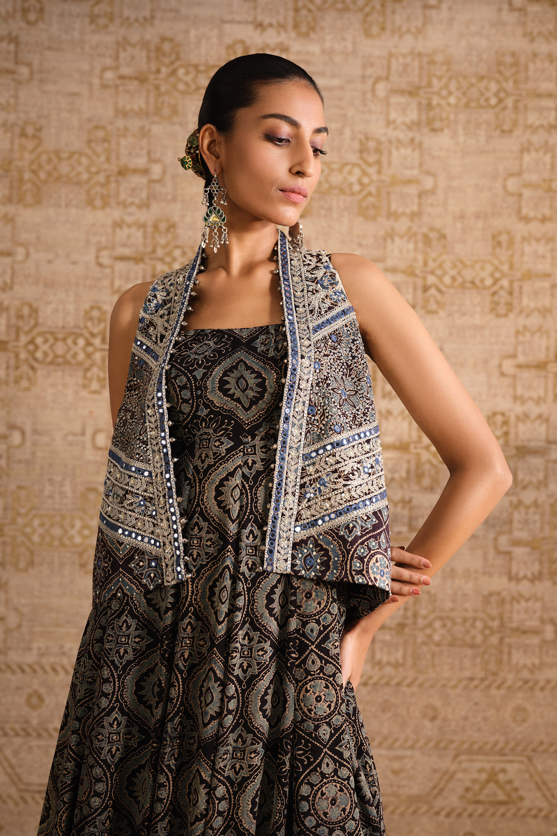 Prishni Ajrakh Hand-block Printed Jacket Set - Black, Black, image 5
