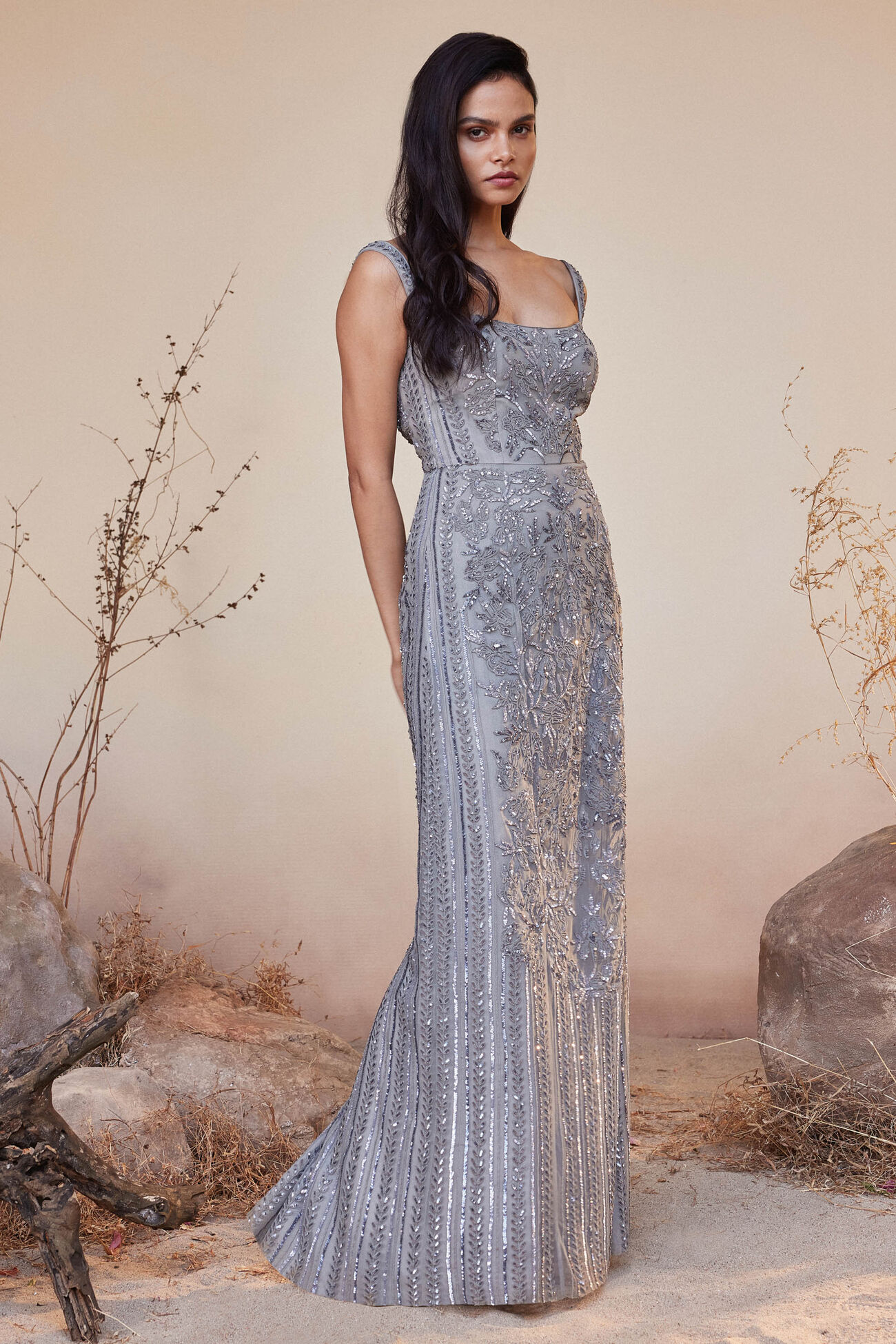 Stardust Embroidered Cord Gown - Grey, Grey, image 3