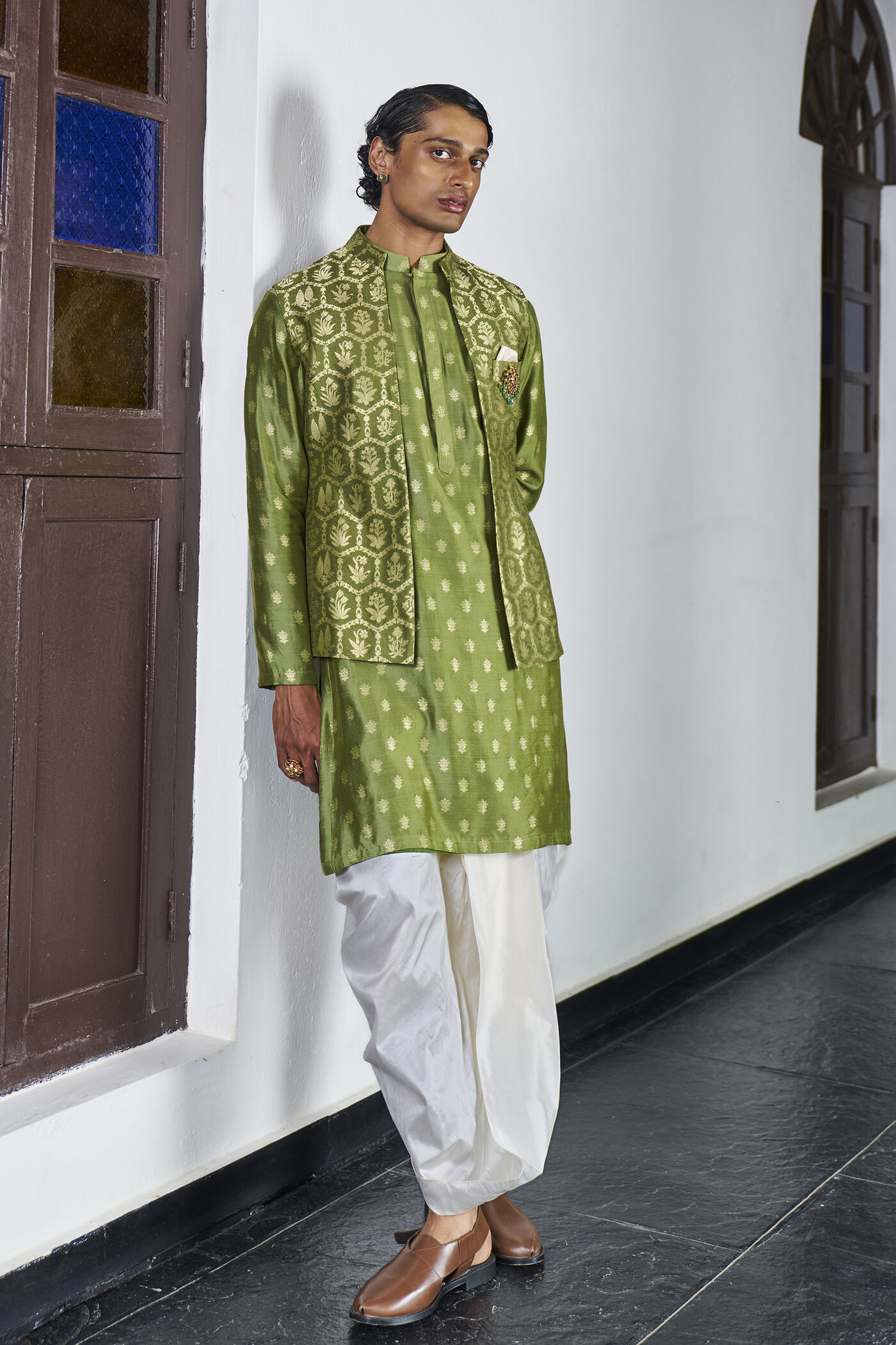 Humnava Nehru Jacket in Olive Benarasi