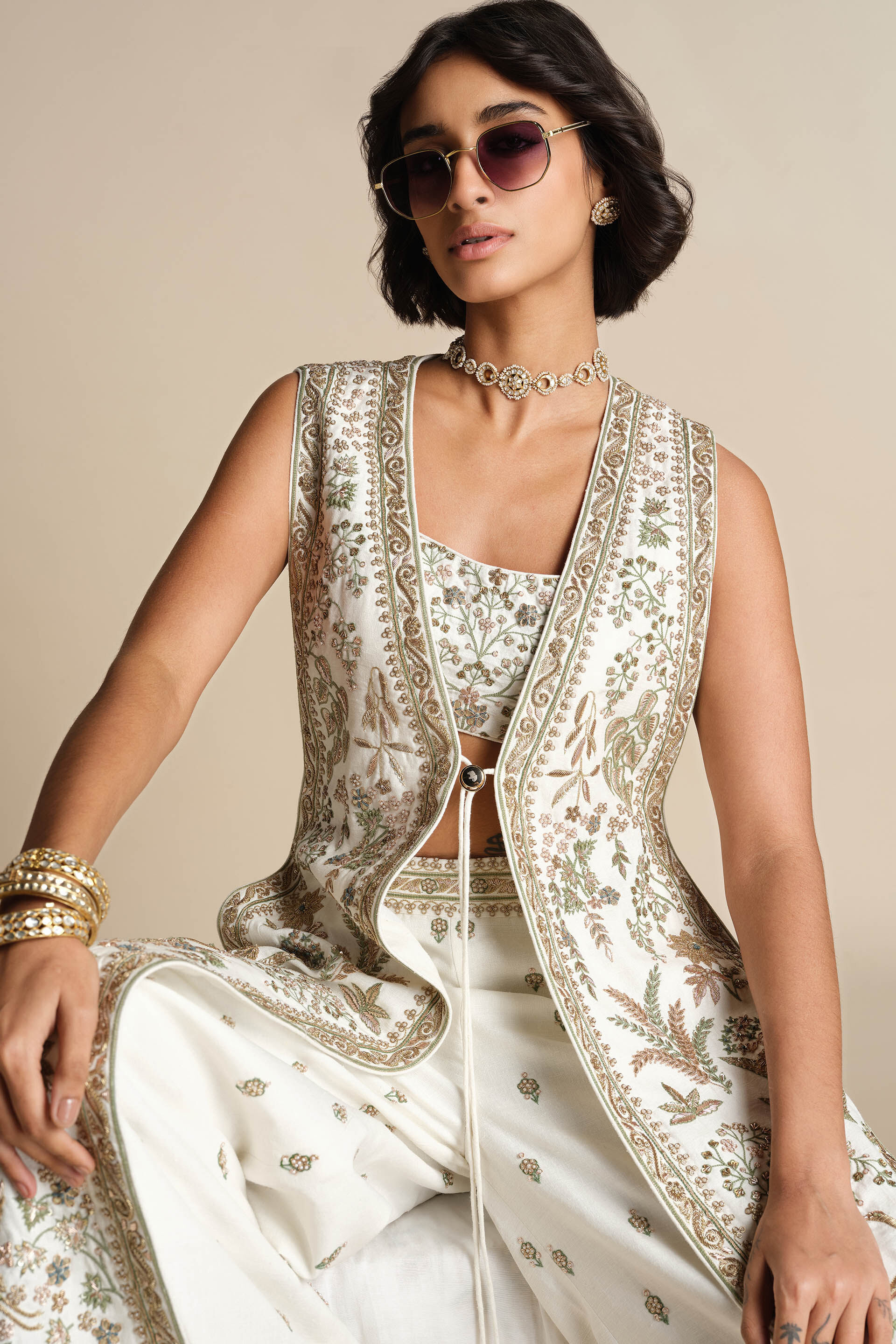 Aralai Embroidered Zardozi Silk Jacket Set - White, Cream, image 5