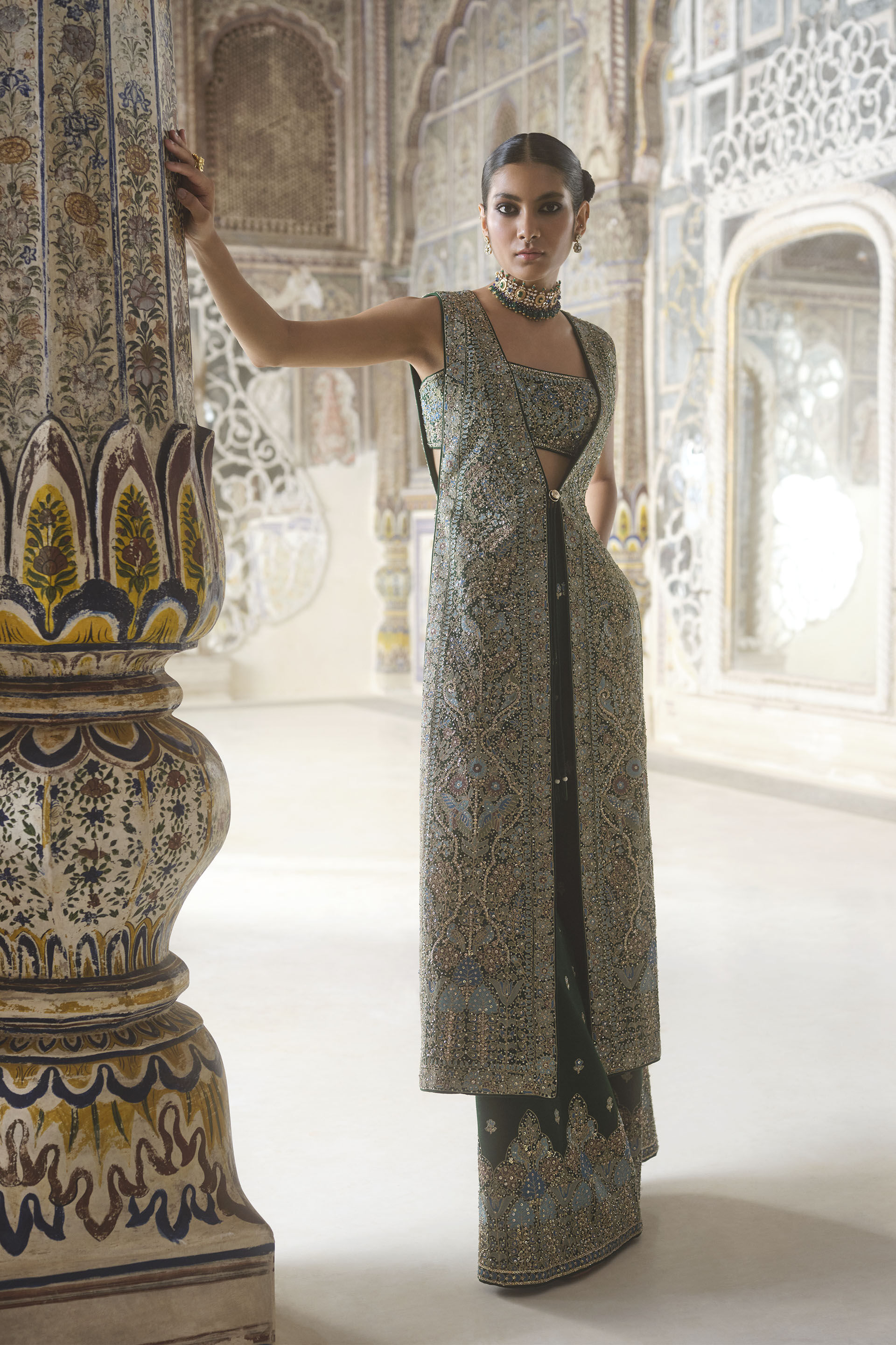 Alatakshi Embroidered Zardozi Tabard Set - Green