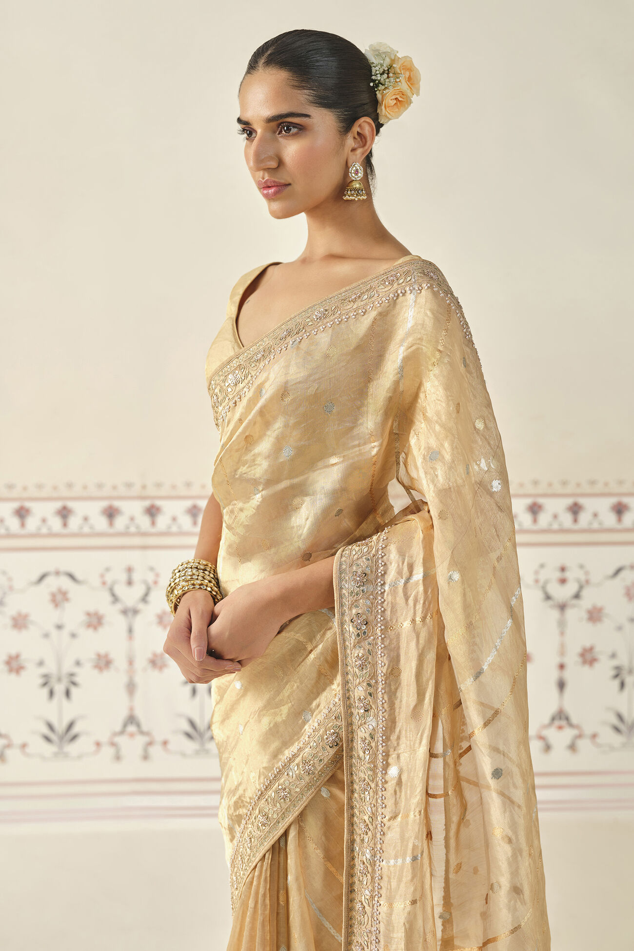 Aryahi Handwoven Benarasi Saree Set - Gold, Gold, image 3