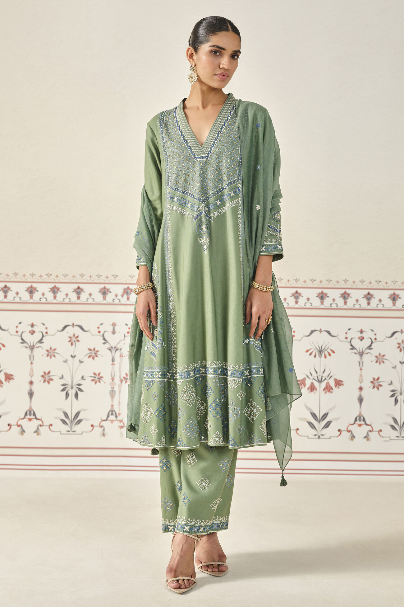 Anedya Kantha Silk Suit Set - Sage, Sage, image 1