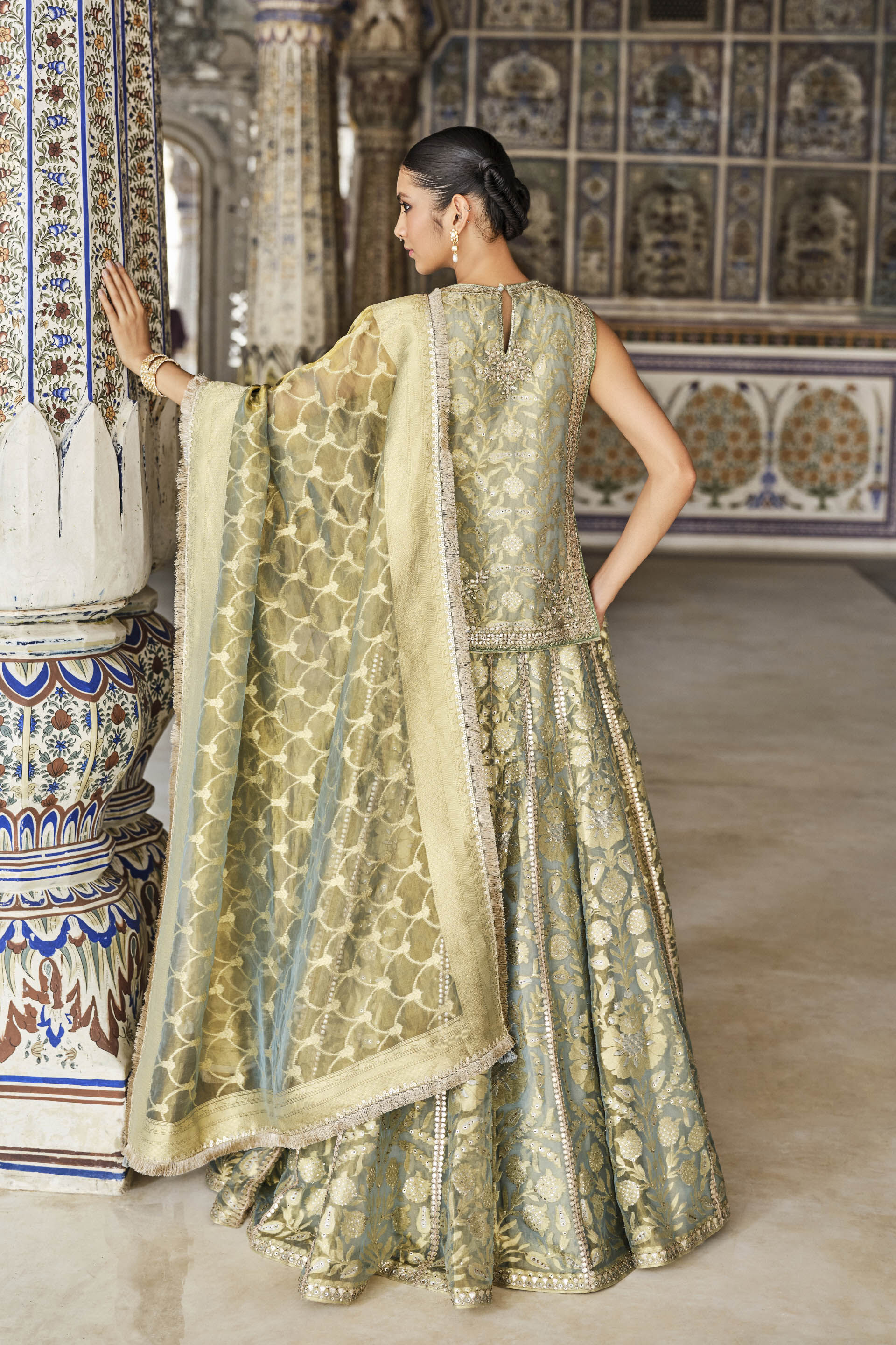 Vajasi Handwoven Benarasi Silk Lehenga Set - Aqua, Aqua, image 3