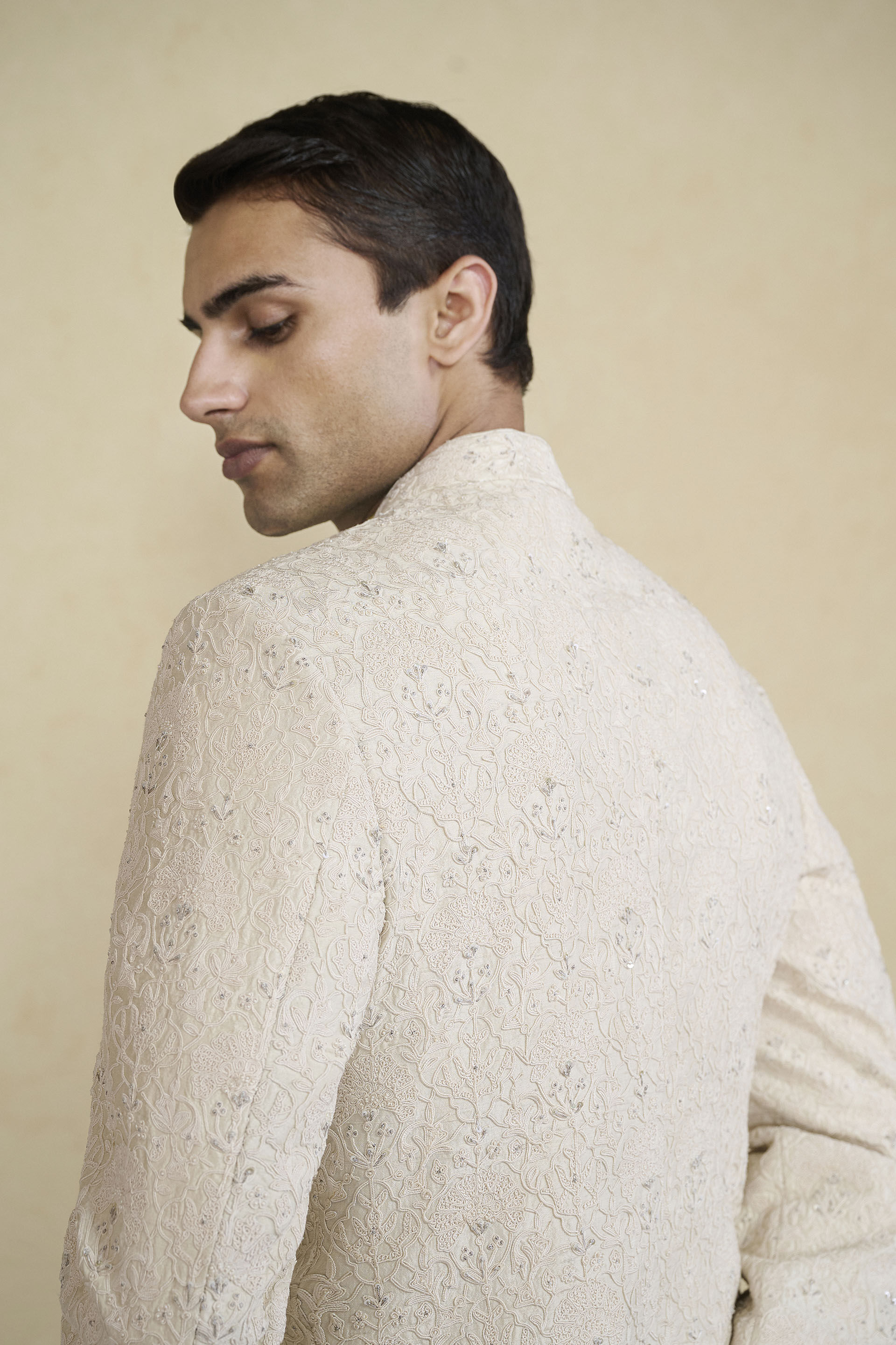 Lokit Hand-embroidered Silk Sherwani - Ivory, Ivory, image 6