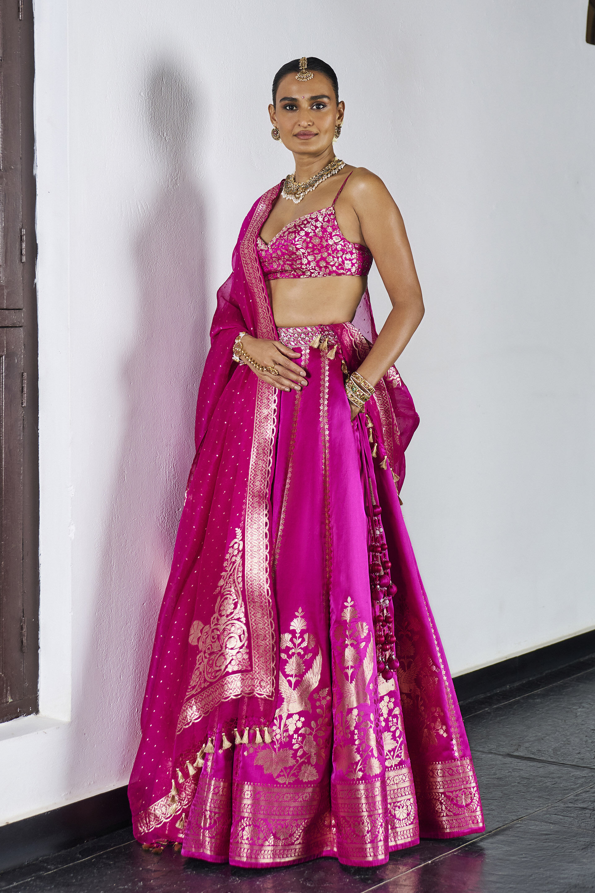 Preet Handwoven Benarasi Silk Lehenga Set - Pink, Pink, image 1