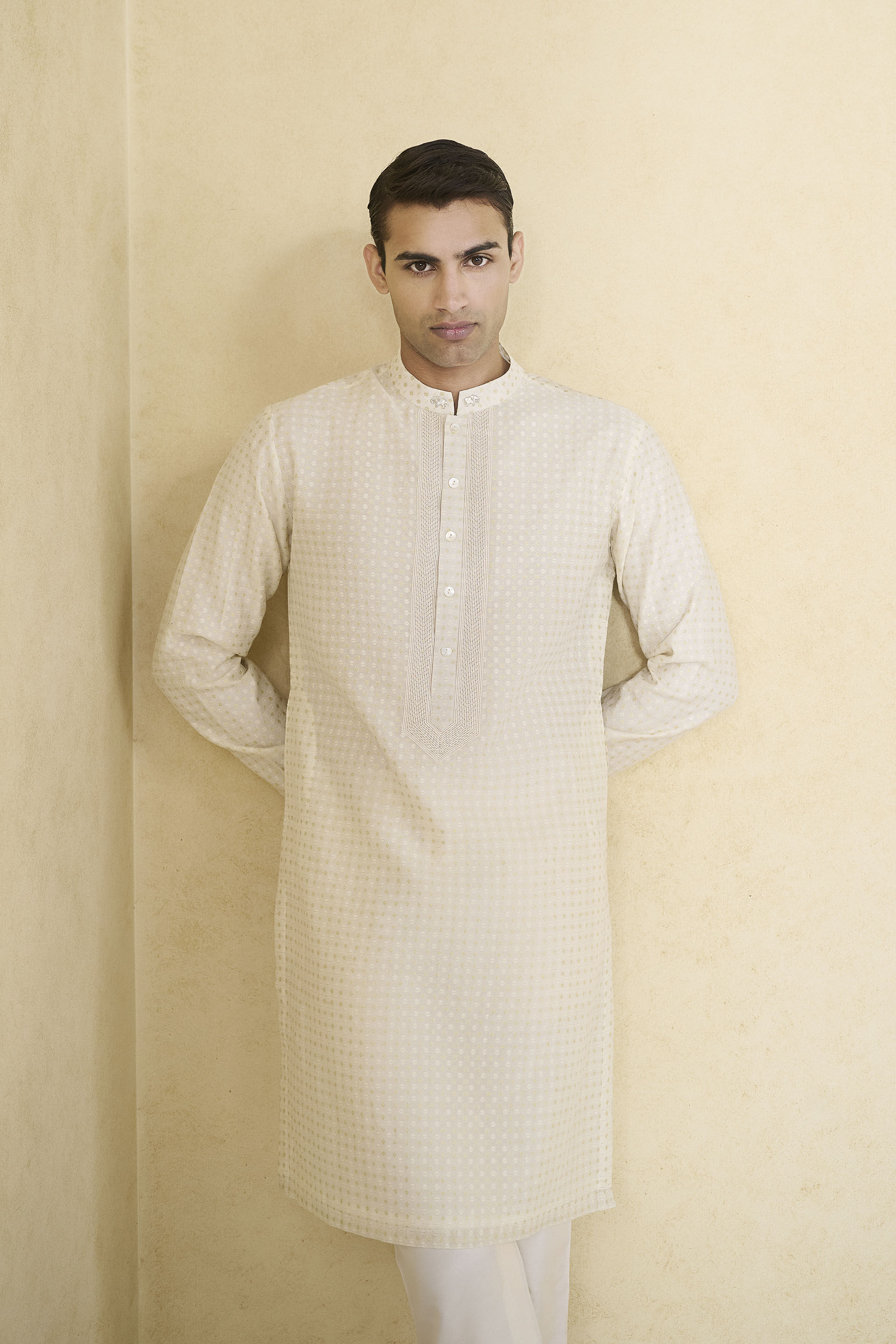 Hemansh Embroidered Silk Kurta - Cream, Cream, image 4