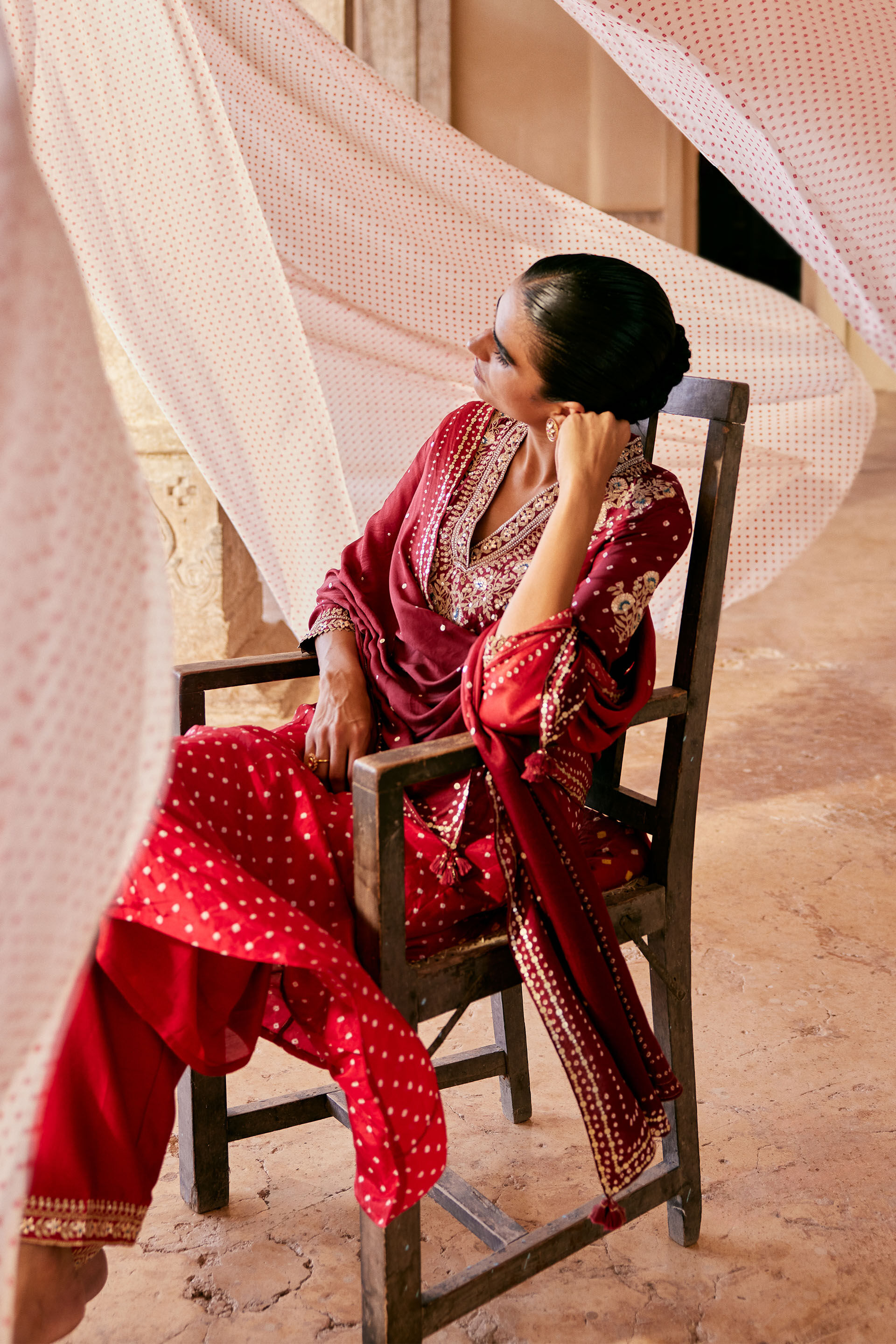 Gulsahro Handcrafted Bandhani Silk Kurta Set - Red, Red, image 6