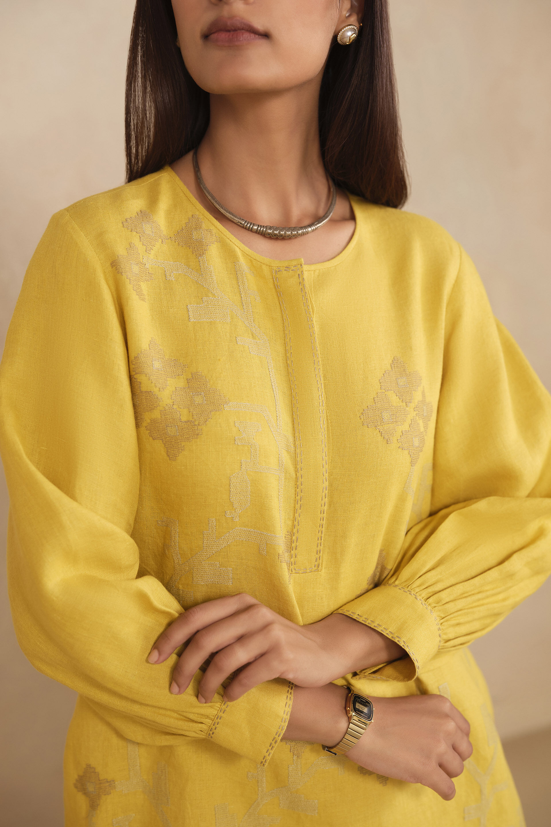 Haiku Embroidered Hemp Kurta Set - Yellow, Yellow, image 5