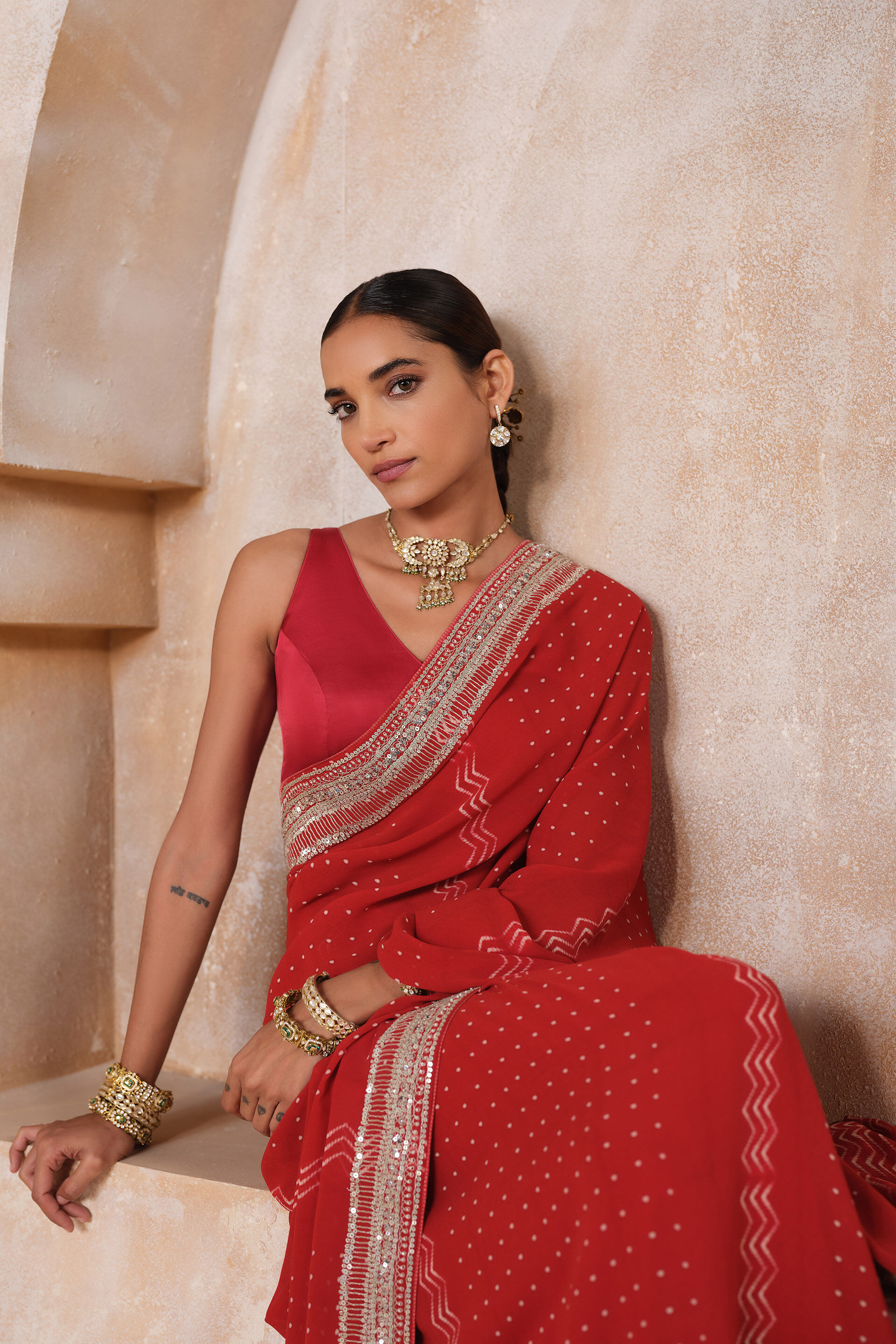 Afruza Embroidered Georgette Saree - Red, Red, image 4