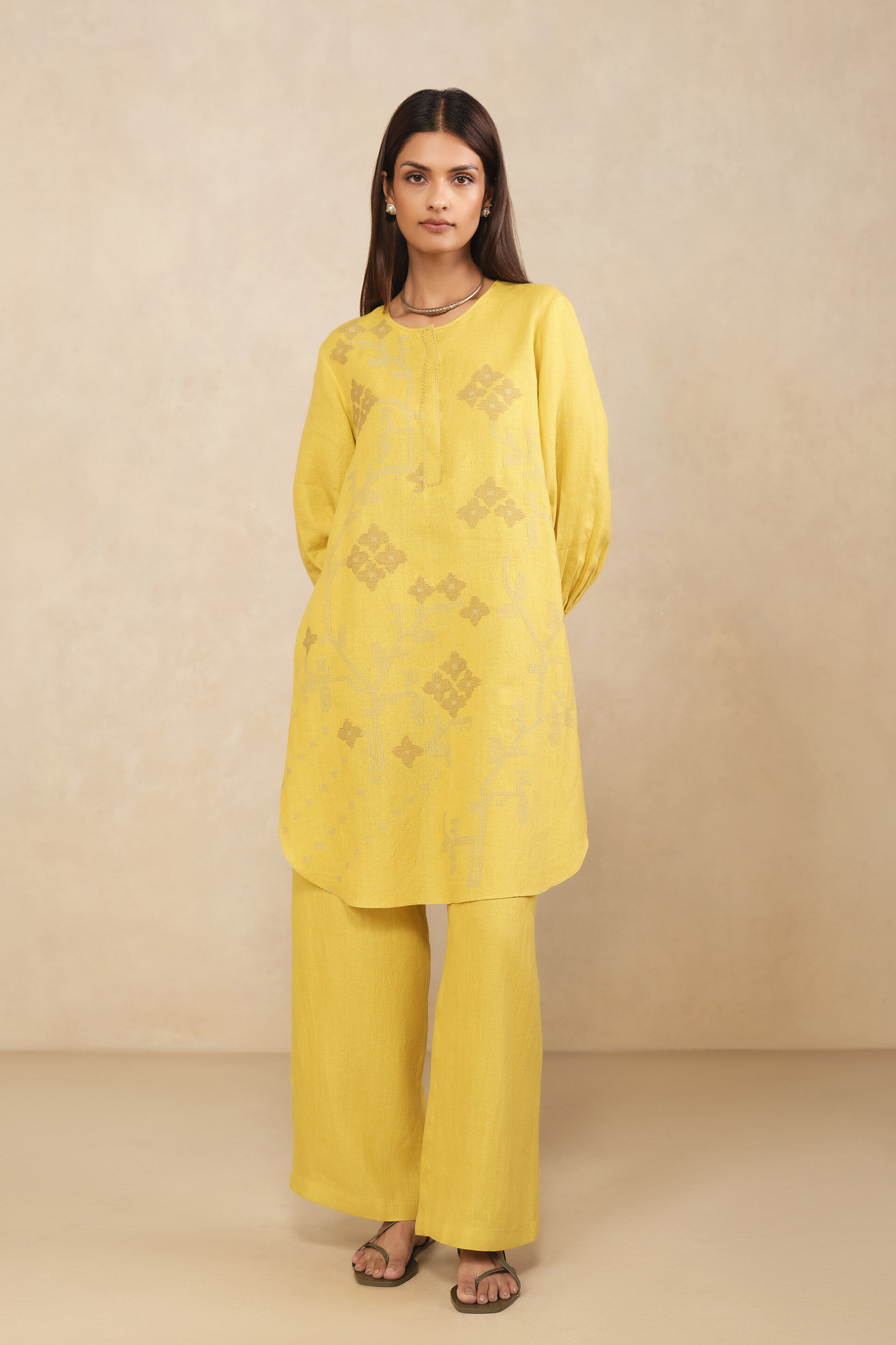 Haiku Embroidered Hemp Kurta Set - Yellow
