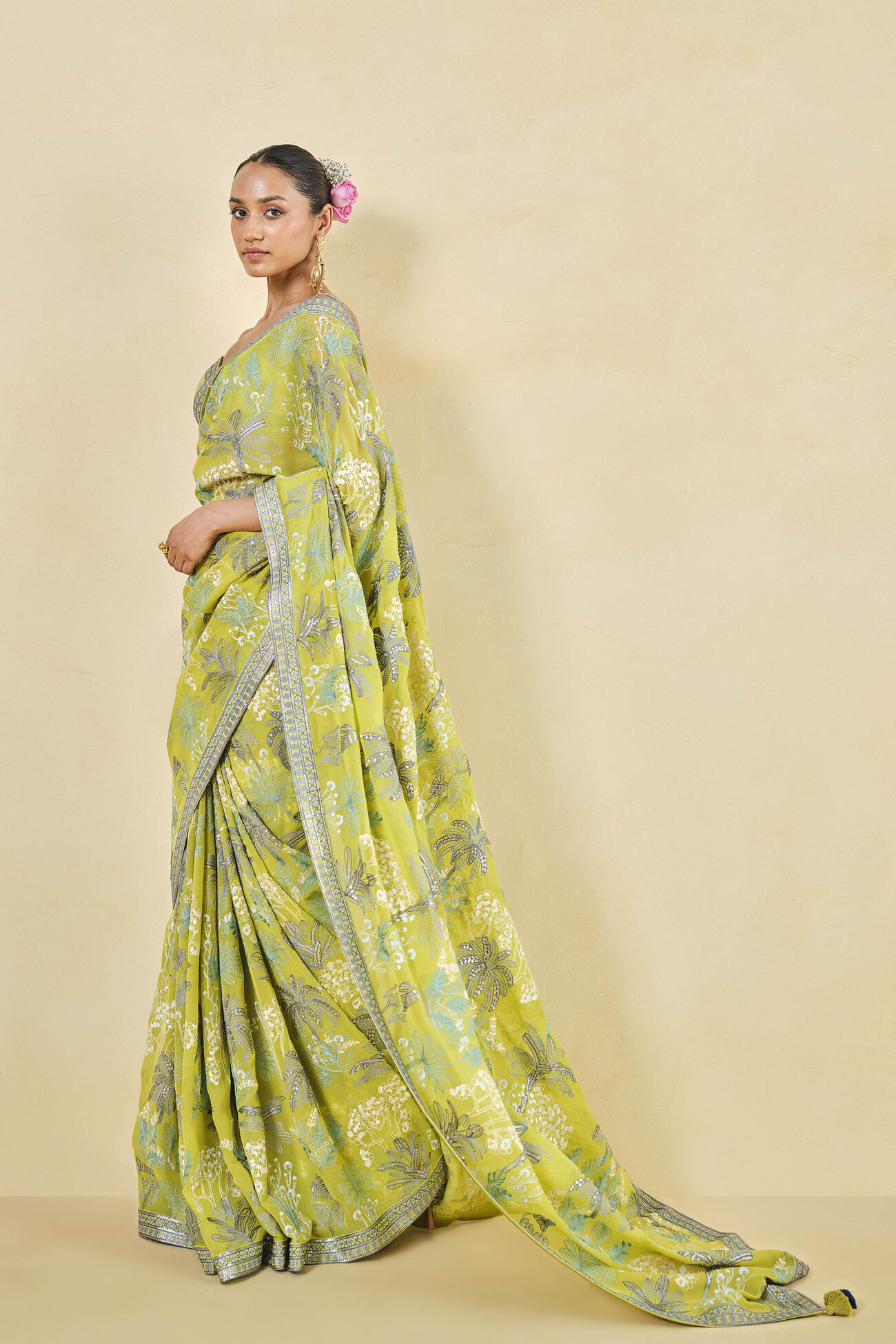 Tropical Paradise Embroidered Georgette Saree - Lime, Lime, image 2