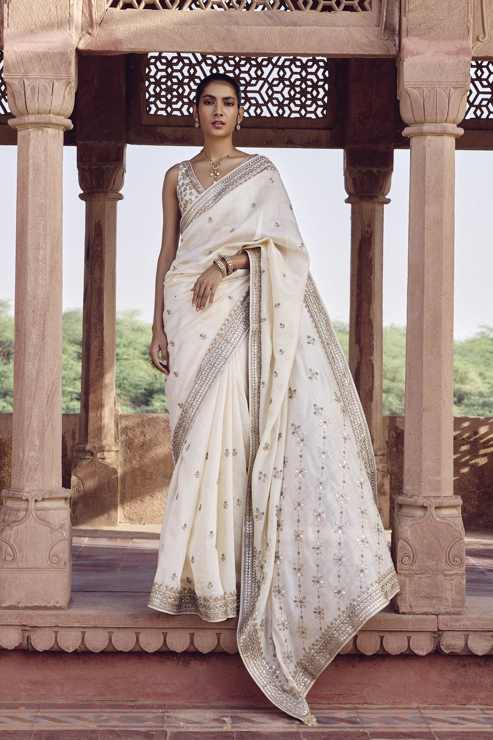 Aashrita Gota Patti Silk Saree - Ivory, Ivory, image 1