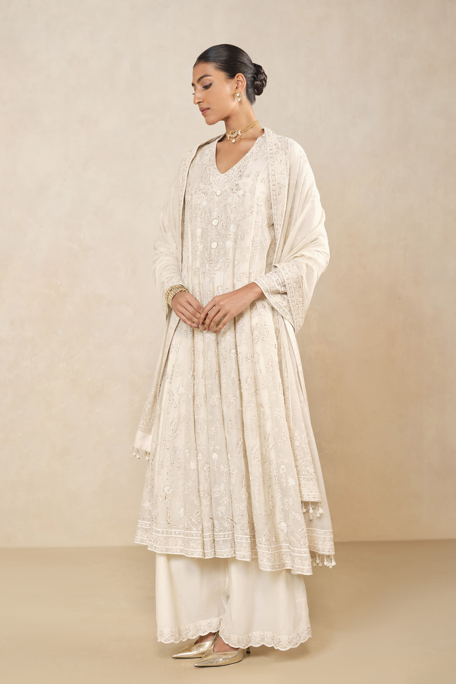Nour Embroidered Mul Palazzo Set - Ivory, Ivory, image 3