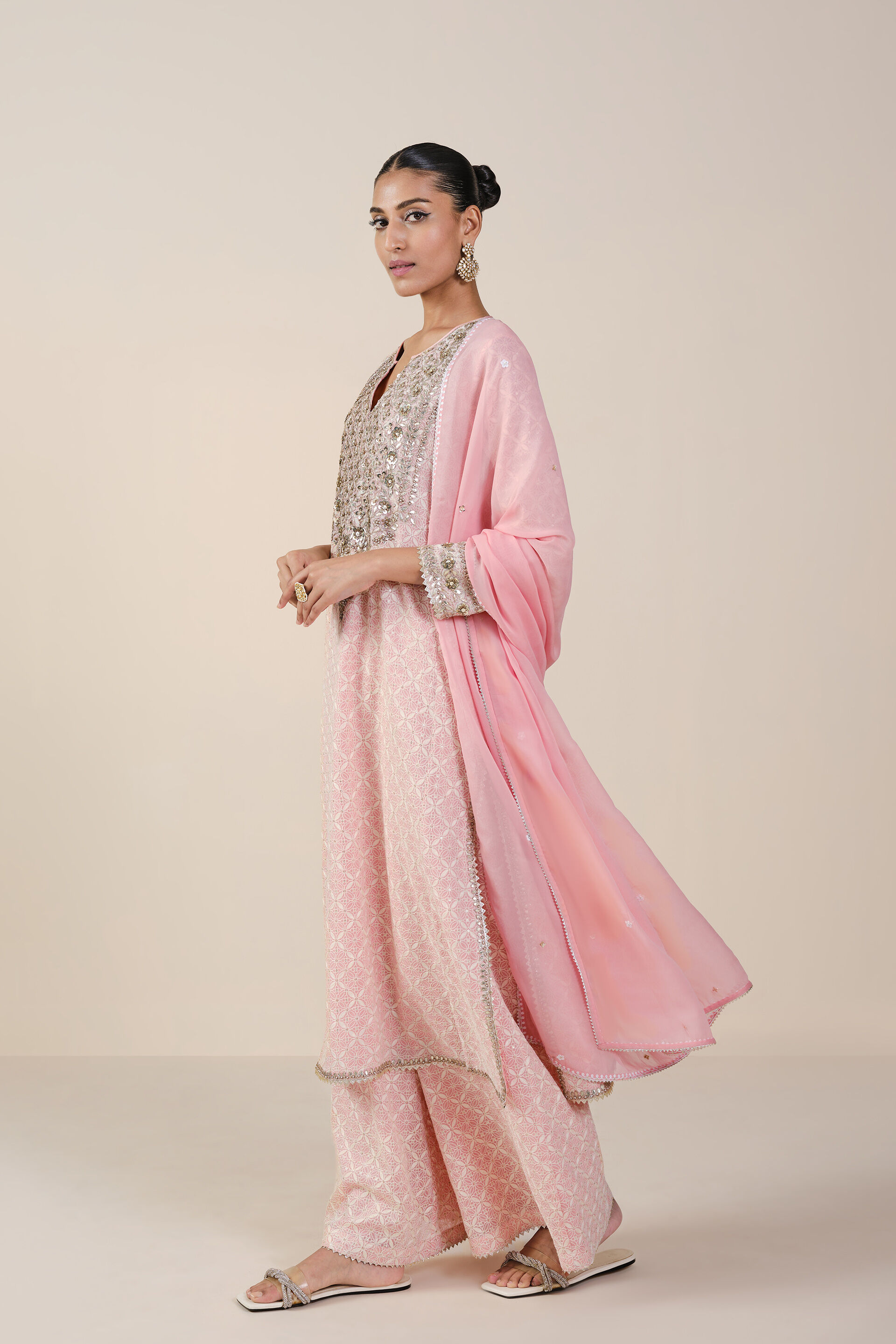 Buy Designer Aaloka Embroidered Georgette Suit Set Blush Online from Anita Dongre