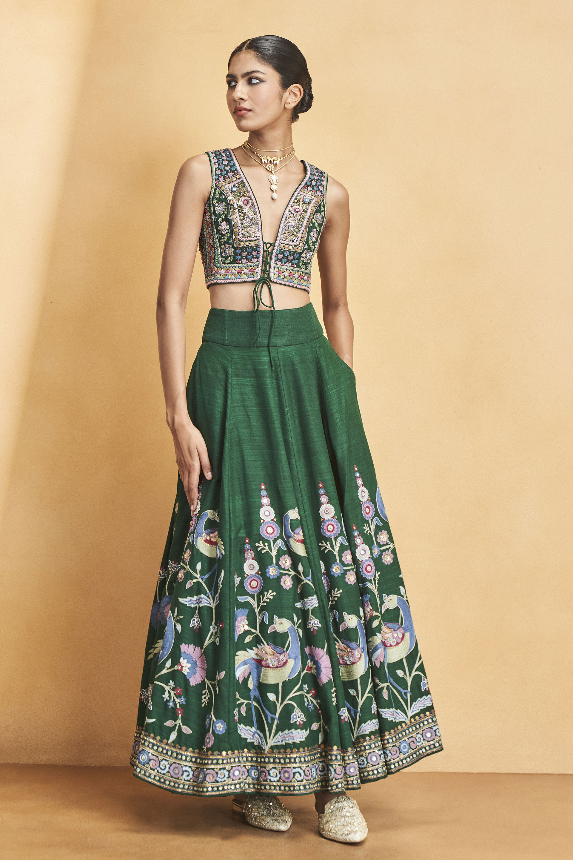 Evergreen Paradise Embroidered Zardozi Silk Skirt Set - Green