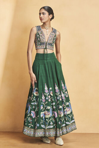 Evergreen Paradise Embroidered Zardozi Silk Skirt Set - Green, Green, image 1