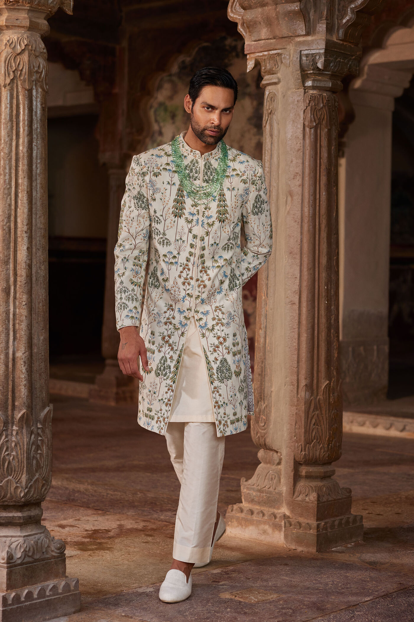Shahoor Hand-painted Pichhwai Silk Sherwani - Off White