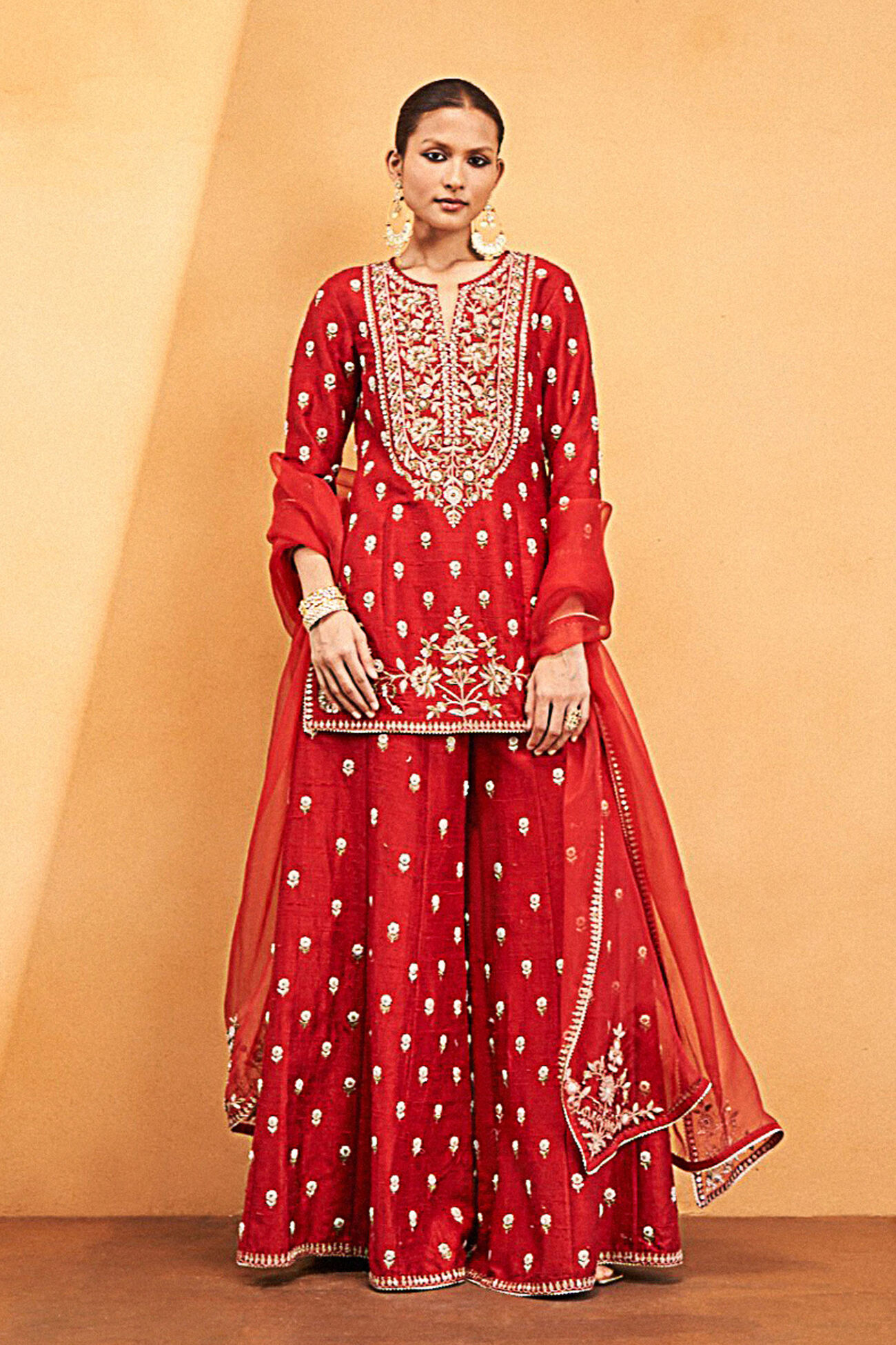 Sahba Embroidered Zardozi Silk Suit Set - Red, Red, image 1