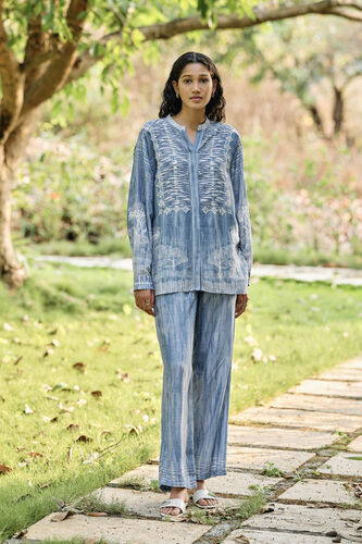 Creek Hand-embroidered Chikankari Linen Coord - Blue, Blue, image 1