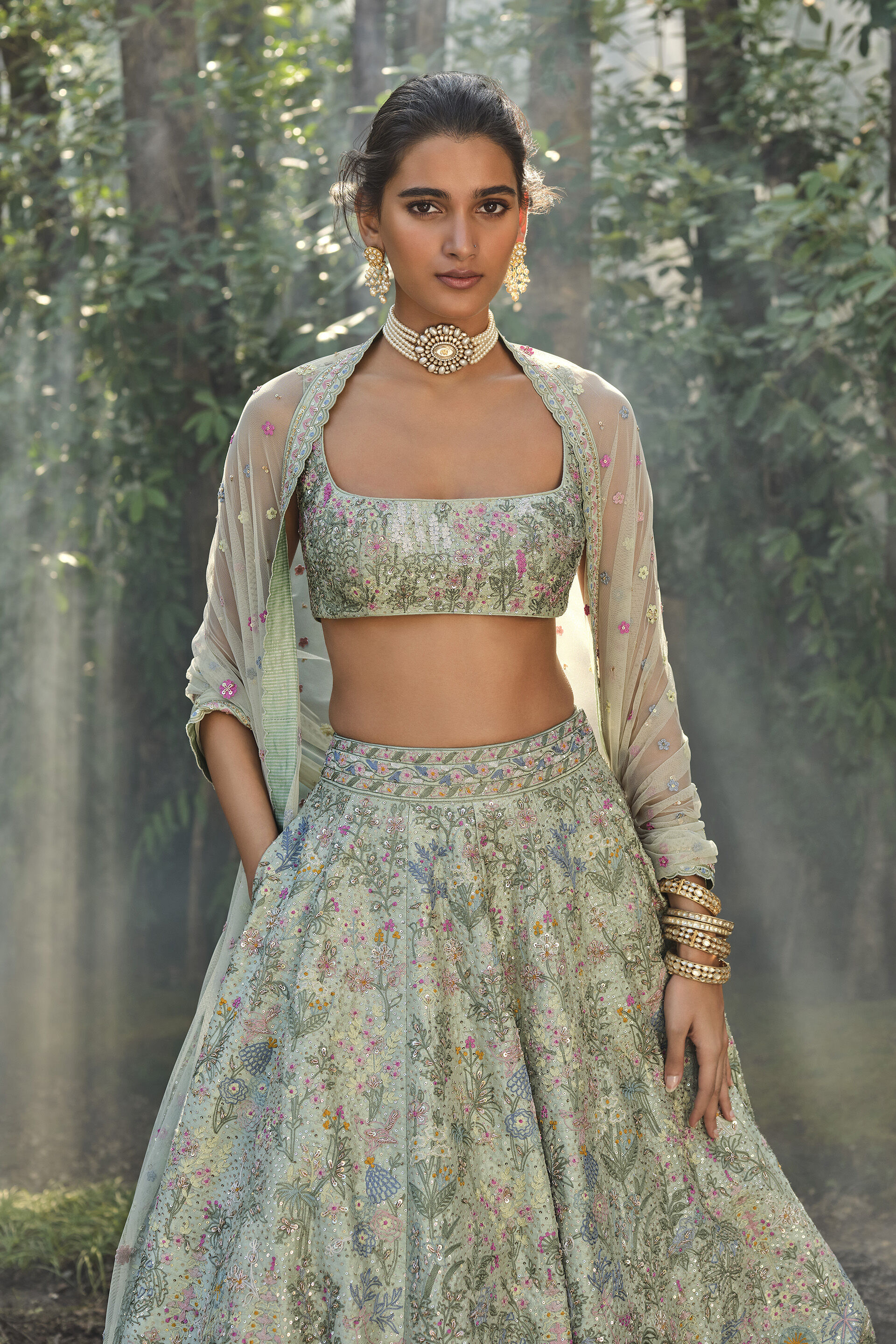Alazani Embroidered Silk Lehenga Set - Sage, Sage, image 4