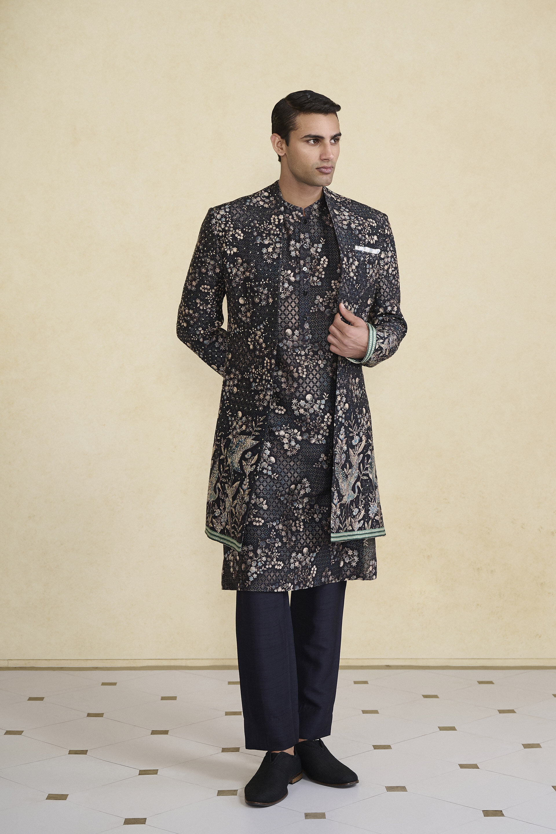 Rukham Printed Silk Sherwani - Black, Black, image 5