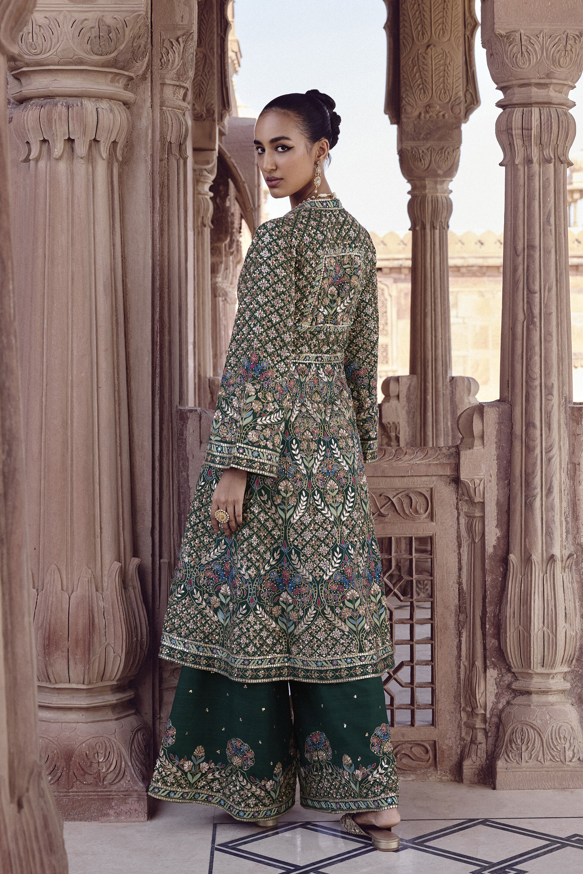 Nemora Embroidered Silk Anarkali Set - Green