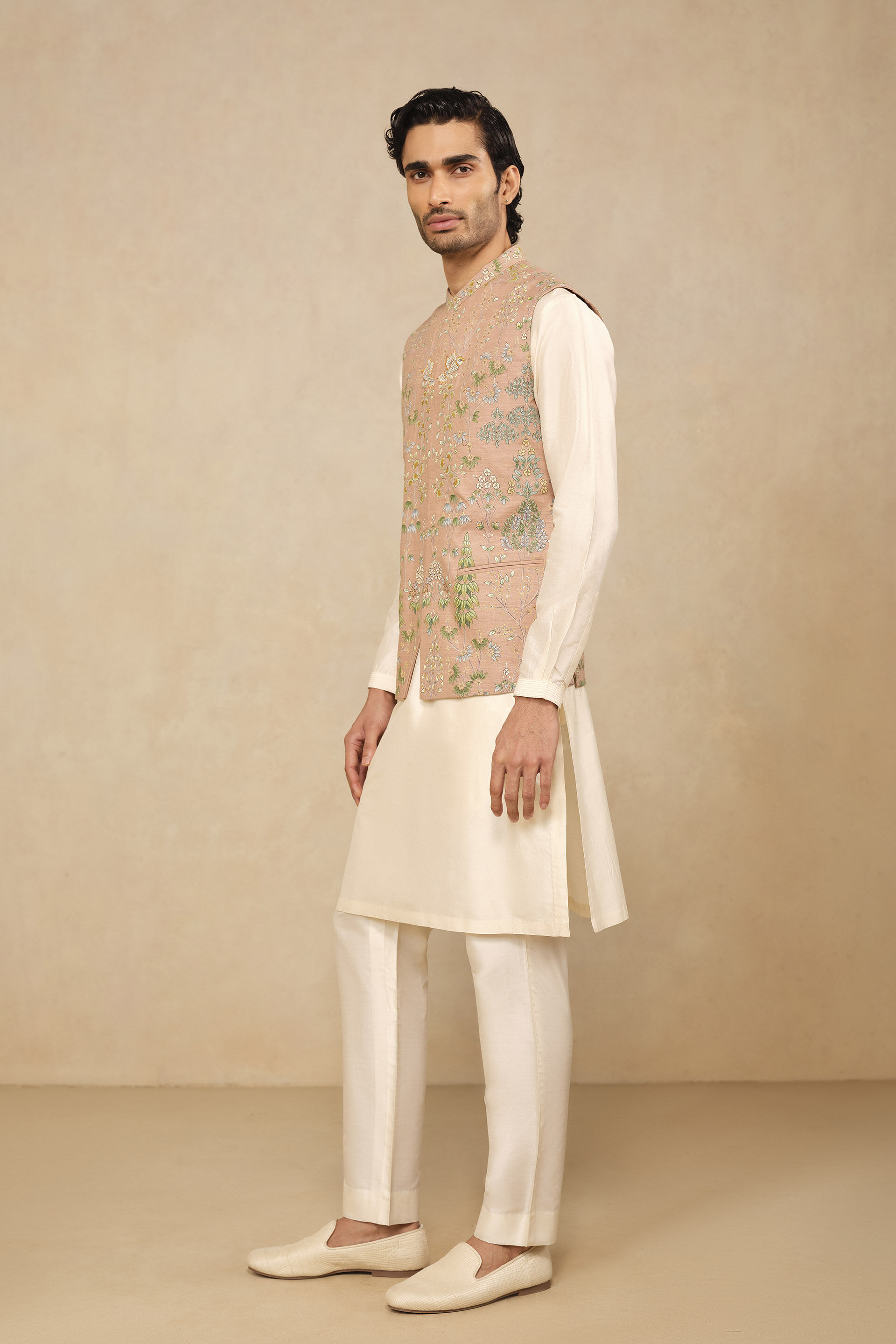 Aziz Hand-painted Pichhwai Silk Nehru Jacket - Salmon, Salmon, image 3