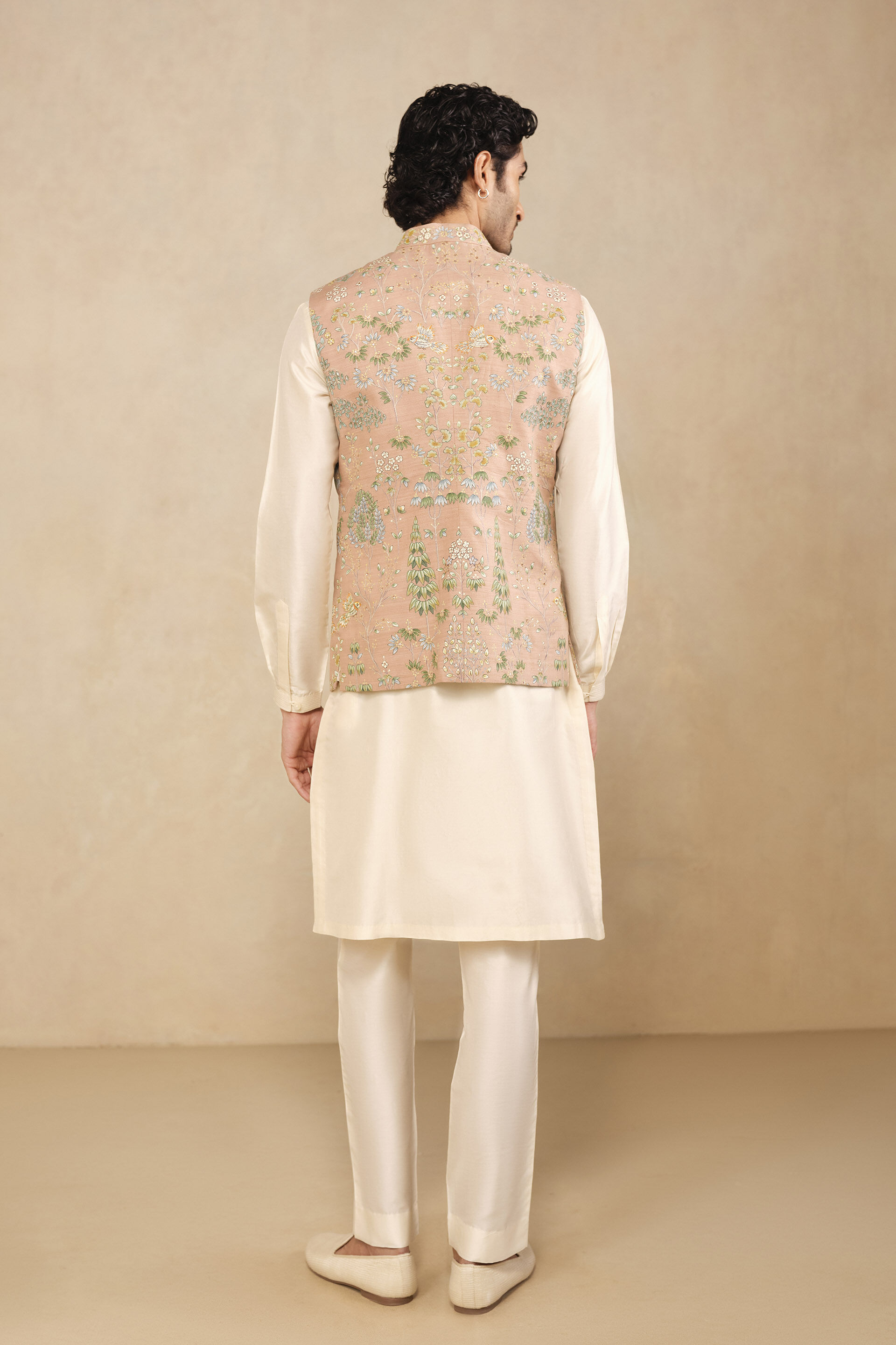 Aziz Hand-painted Pichhwai Silk Nehru Jacket - Salmon
