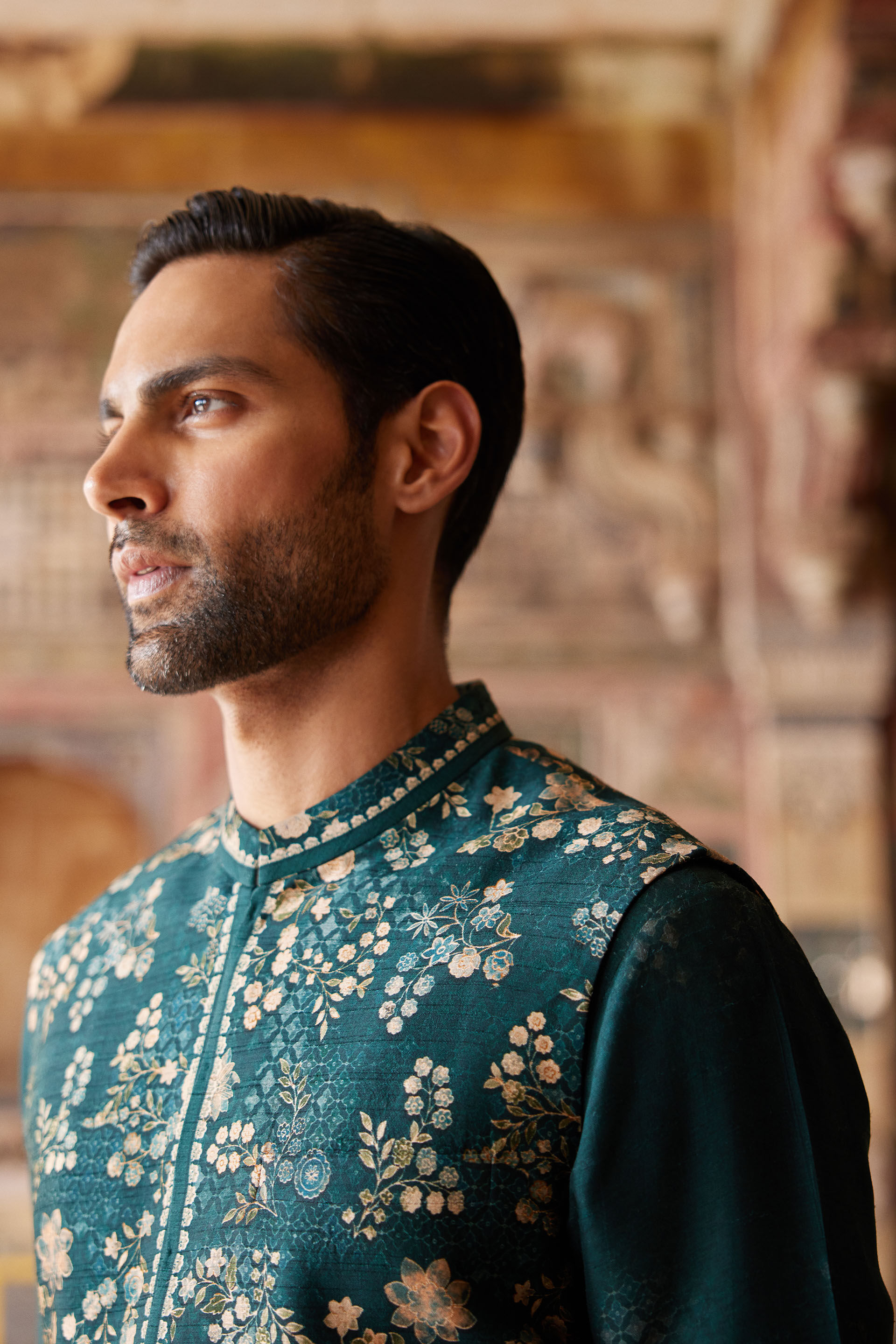 Hirav Printed Silk Nehru Jacket - Green, Green, image 5