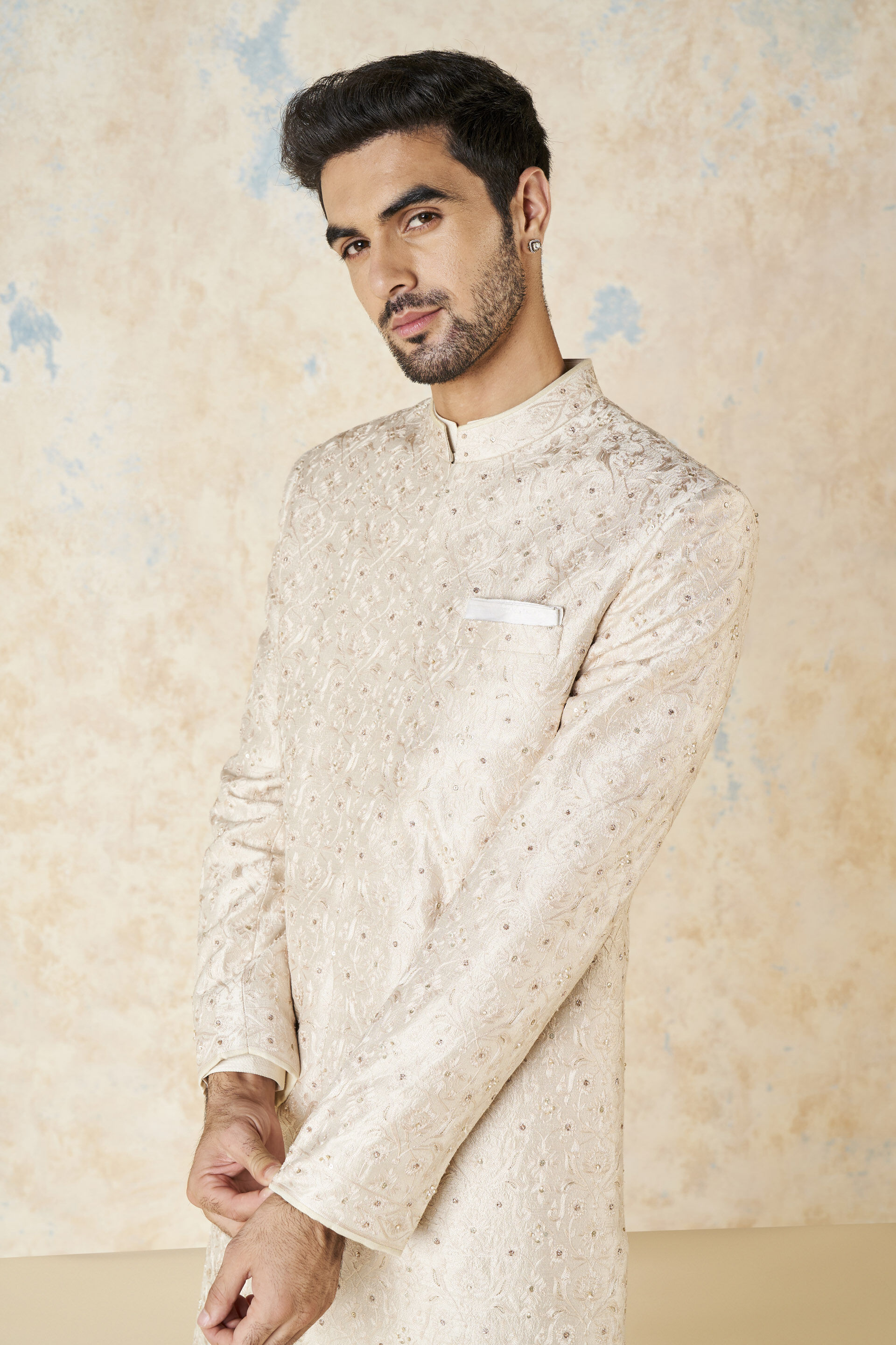 Aajay Zardozi & Aari Silk Sherwani - Ecru, Ecru, image 5